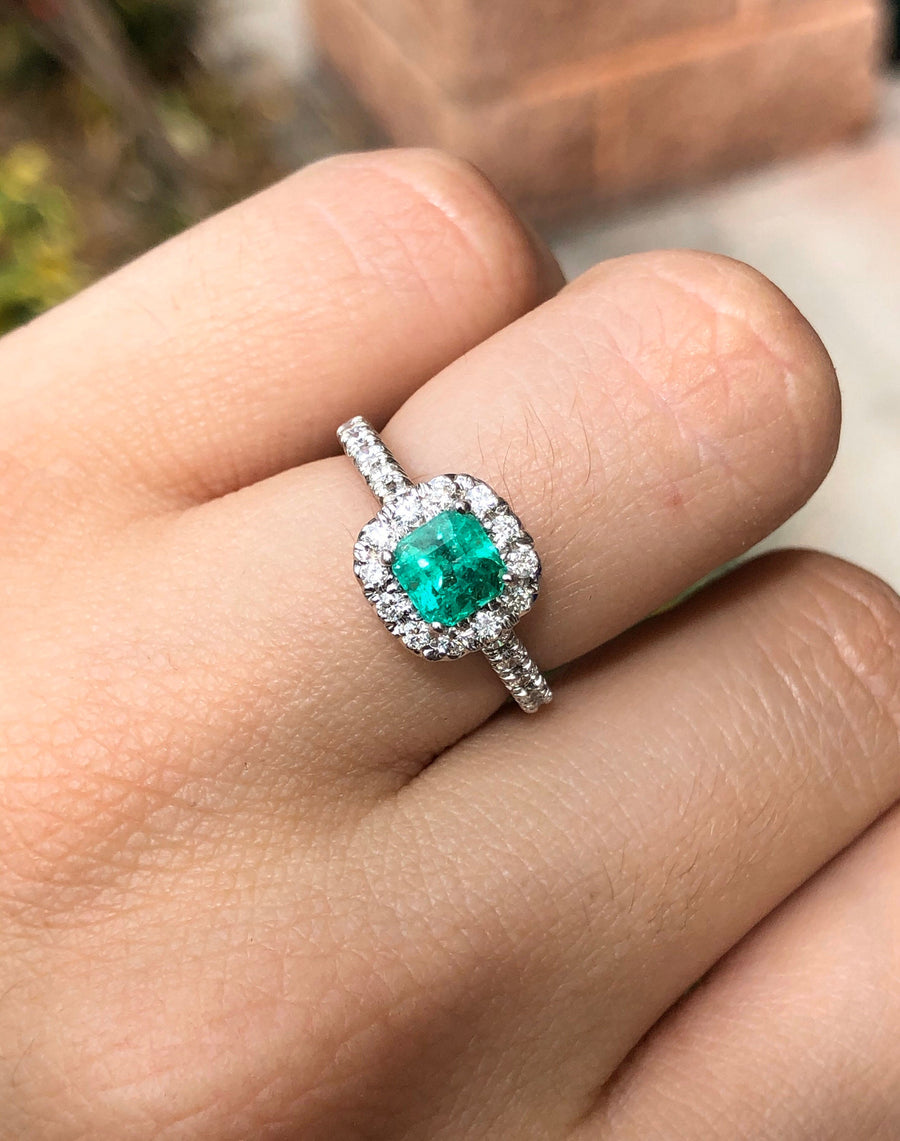 Exquisite Elegance: 1.71tcw Square Emerald & Round Diamond Pave Halo Engagement Ring