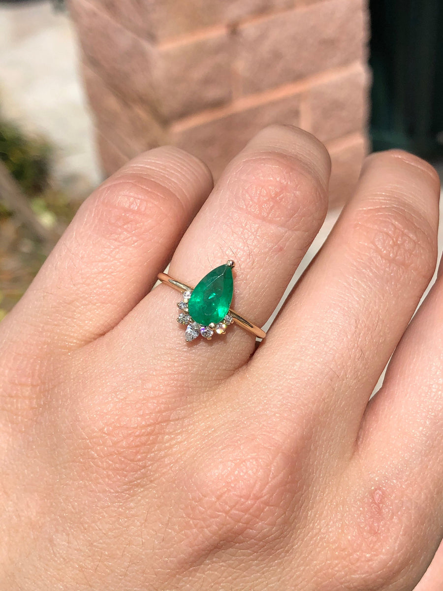 1.51tcw Pear Shape Dark Green Emerald & Diamond Tiara Ring 14K