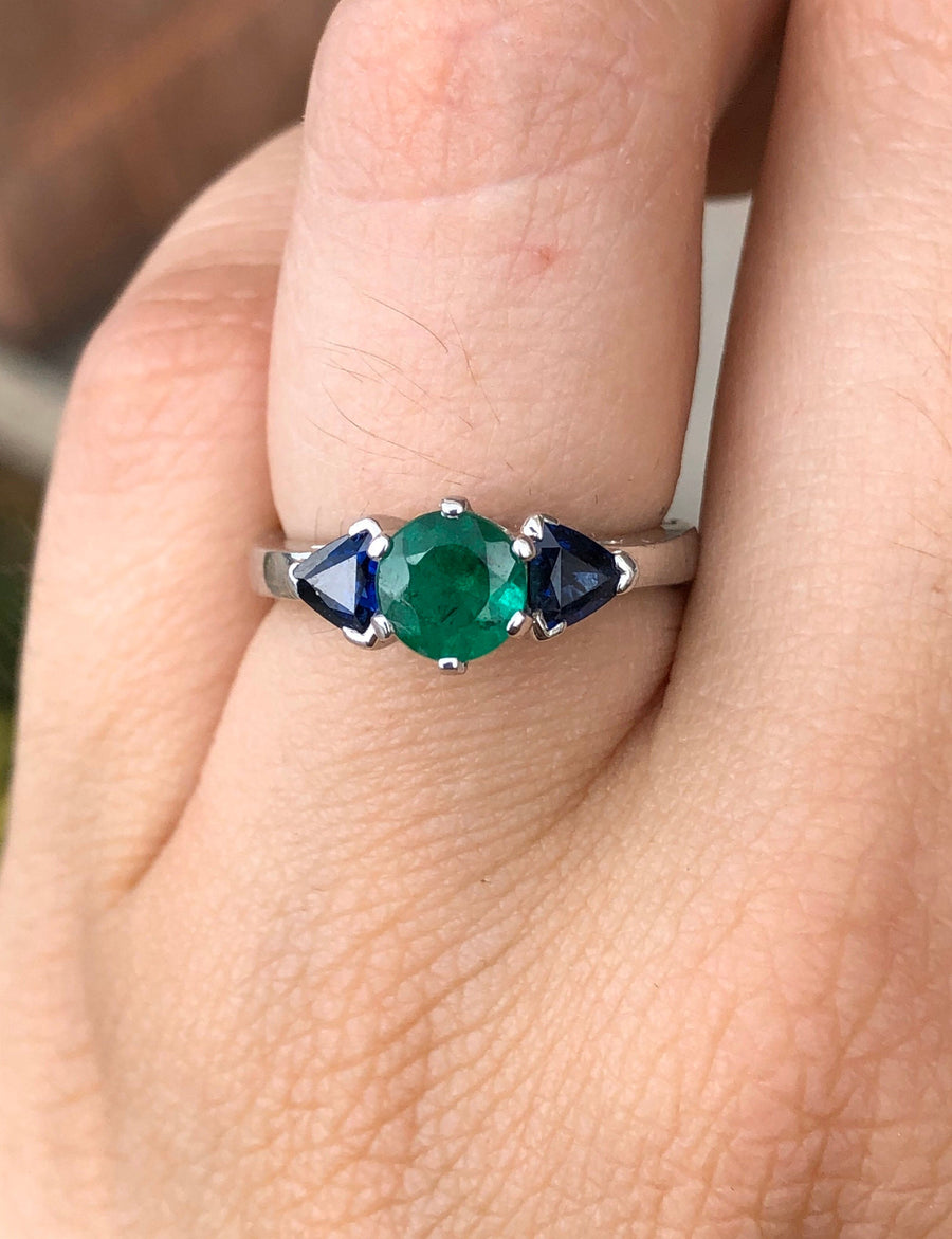 Radiant 14K Gold Ring with 1.30tcw Three Stone Emerald & Blue Sapphire - Timeless Charm