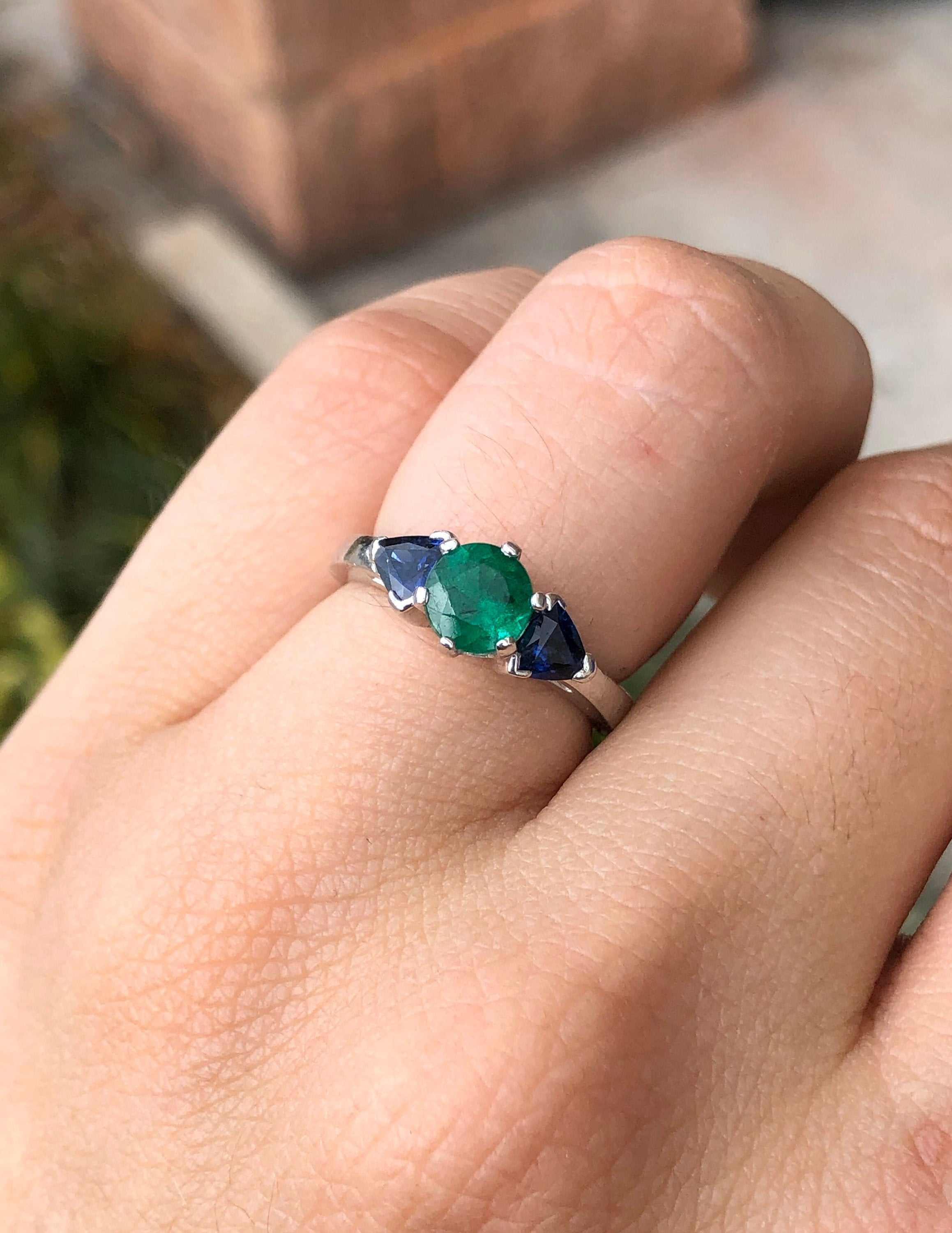 1.30tcw Three Stone Emerald & Blue Sapphire Ring 14K