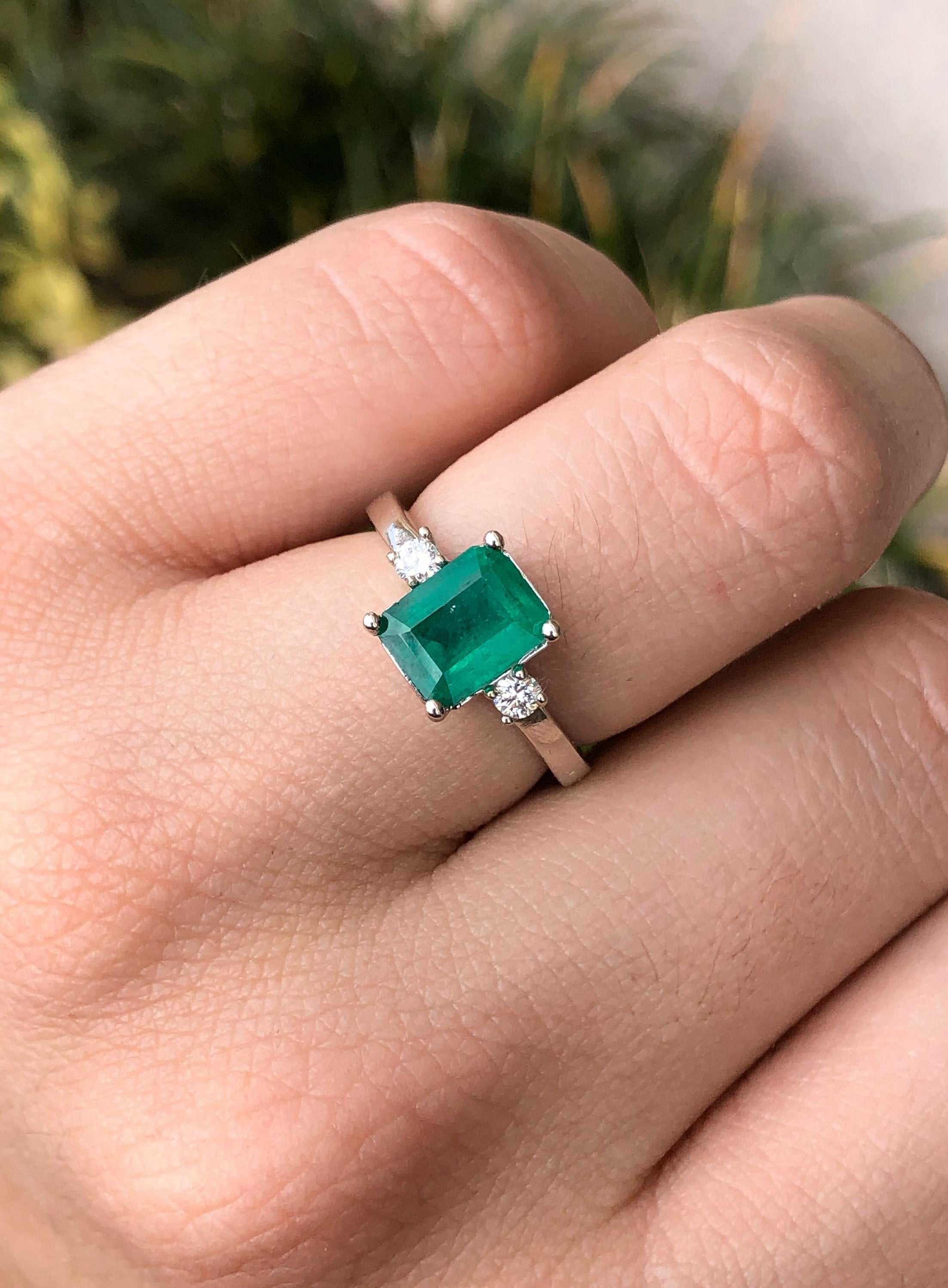 2.0tcw Three Stone Good quality Emerald & Diamond Ring 14K White Gold