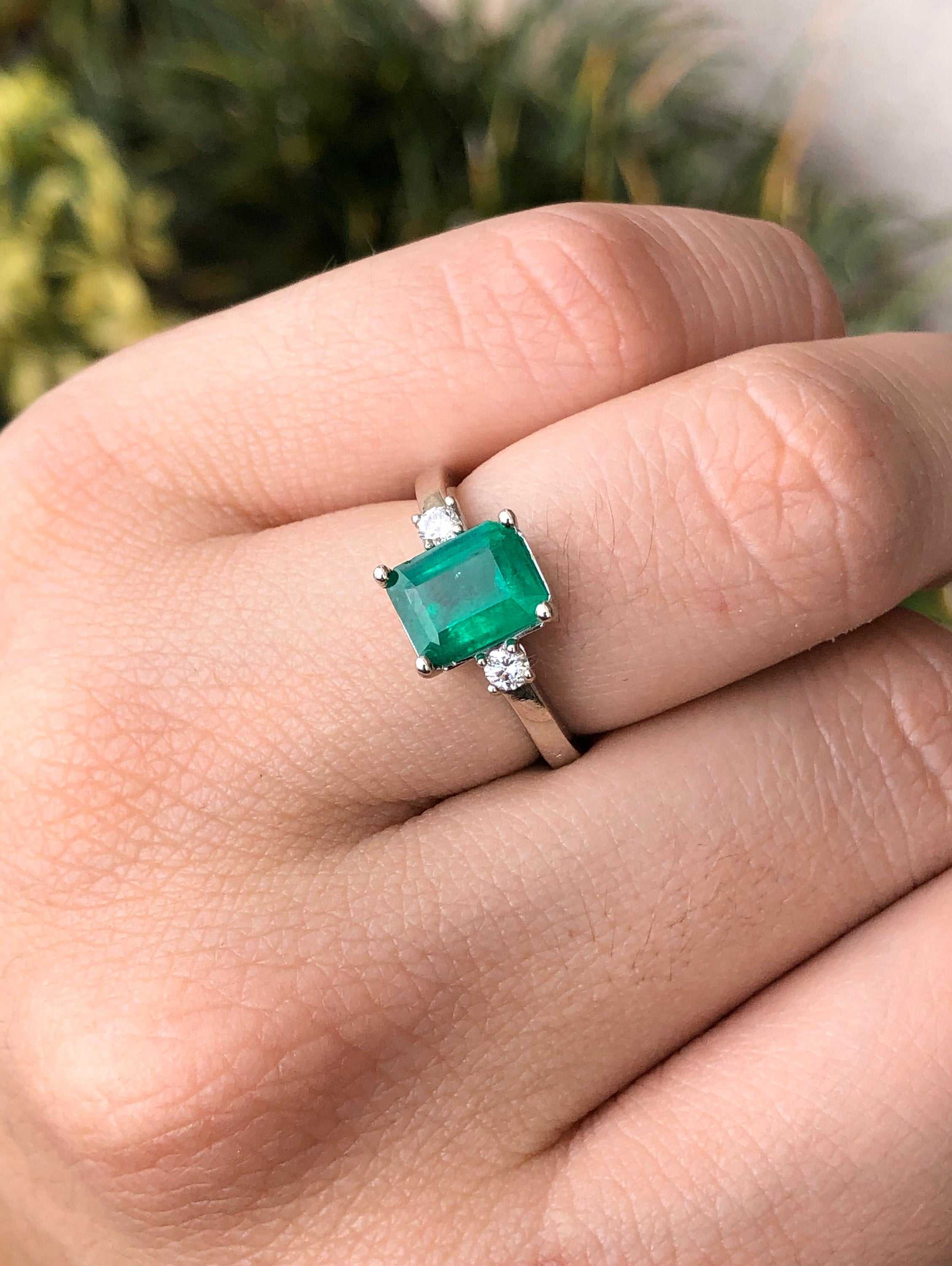 2.0tcw Three Stone Good quality Emerald & Diamond Ring 14K White Gold