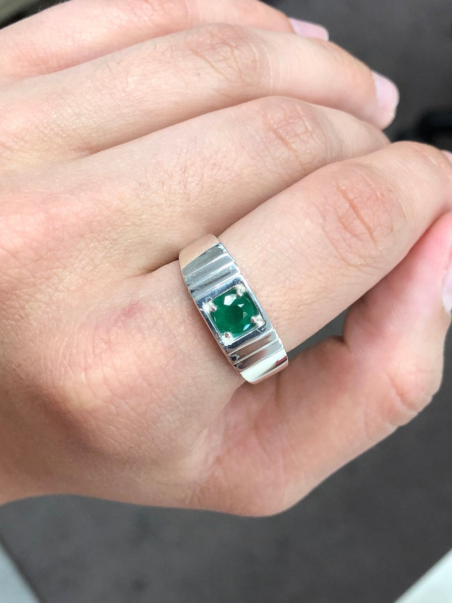 0.70 Carat Emerald Men's Signet Ring Sterling Silver