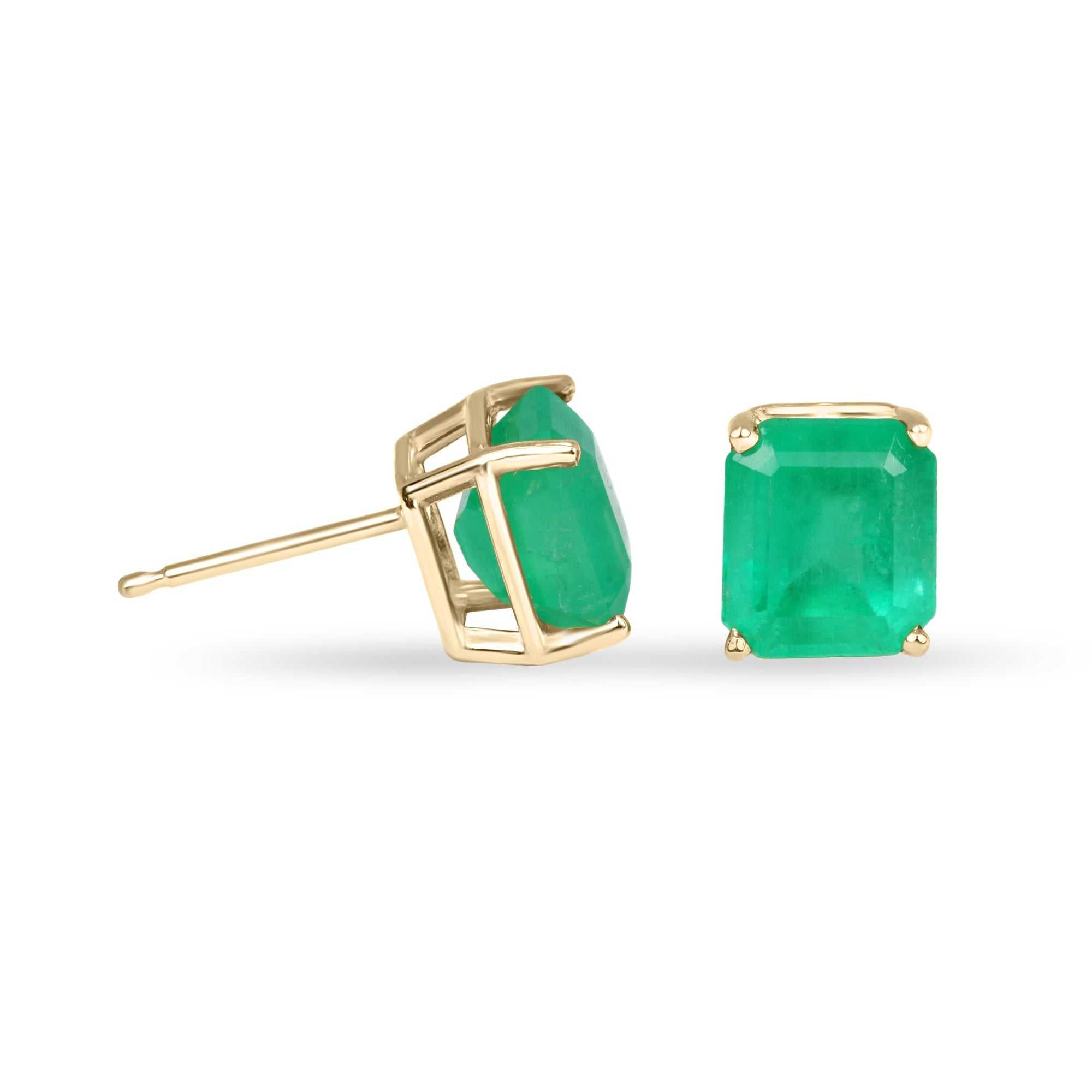 2.29tcw Emerald Cut Emerald Four Prong Studs Yellow Gold 14K - JR Colombian Emeralds