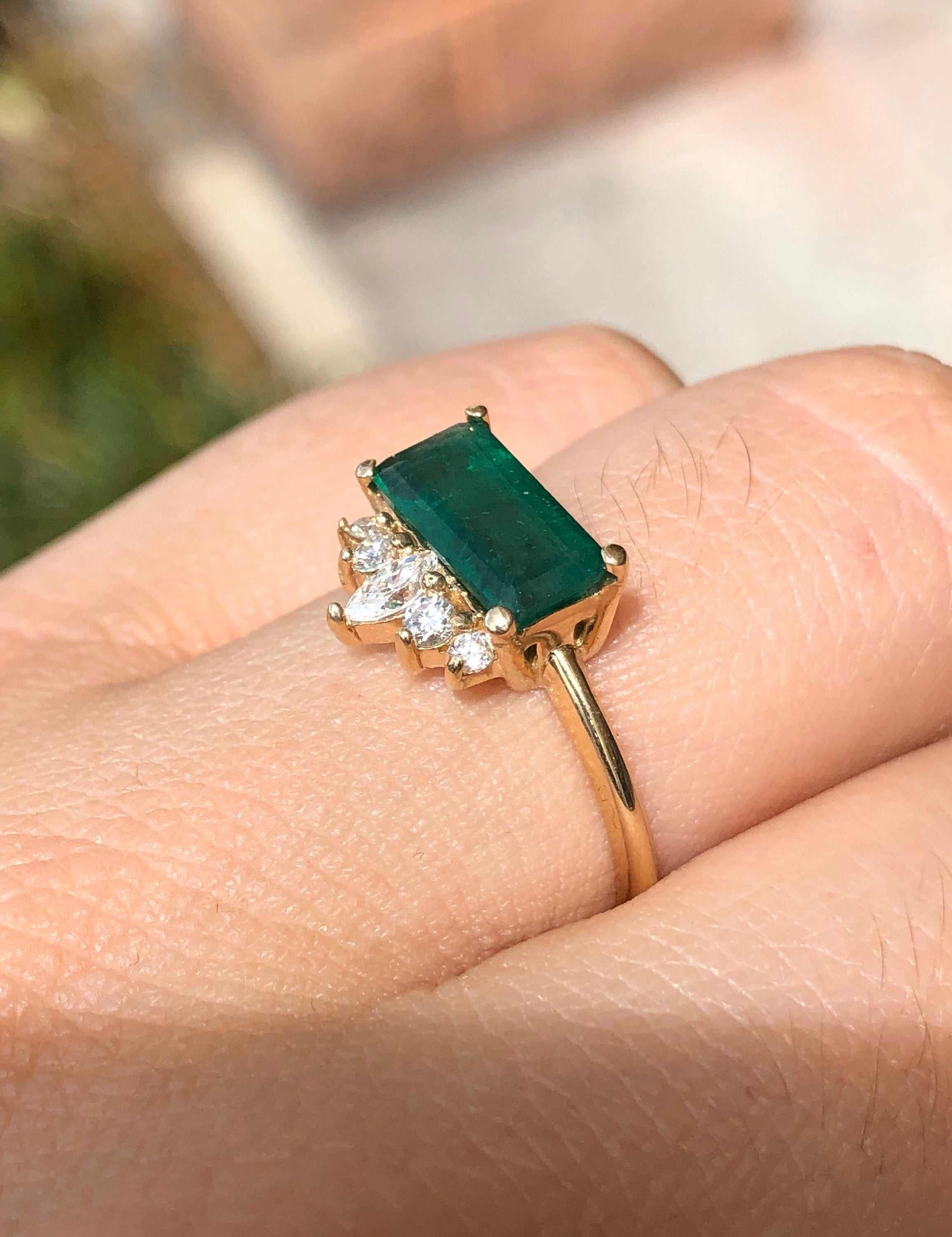 Elongated 1.82tcw Dark Real Emerald & Diamond Tiara Ring Yellow Gold 14K