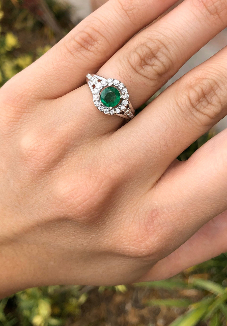 Celebrate Brilliance: 14K Gold Ring Featuring 1.32tcw Natural Emerald & Diamond Halo