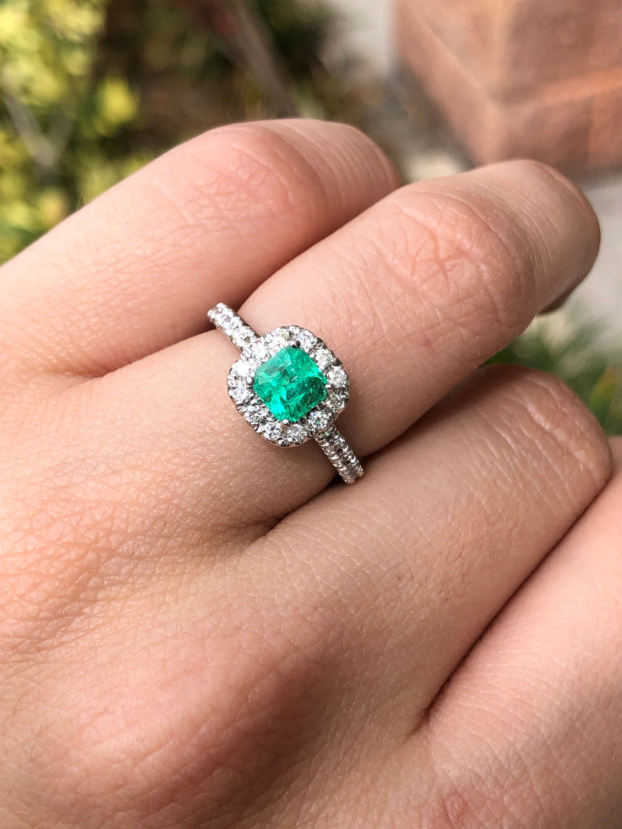 Radiant 14K Gold Ring with 1.71tcw Square Emerald & Round Diamond Pave Halo - Timeless Charm