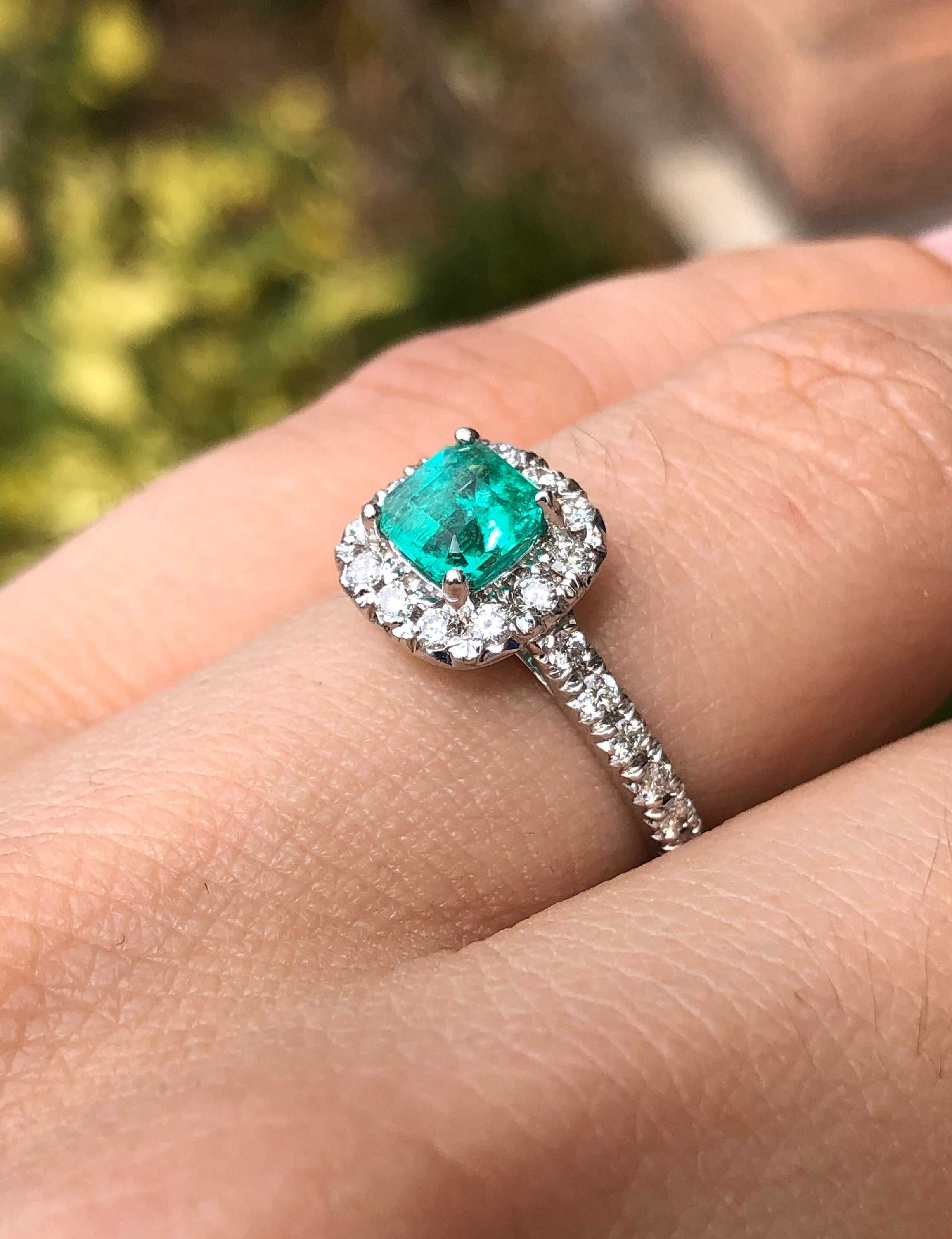 Celebrate Brilliance: 14K Gold Ring Featuring 1.71tcw Square Emerald & Round Diamond Pave Halo