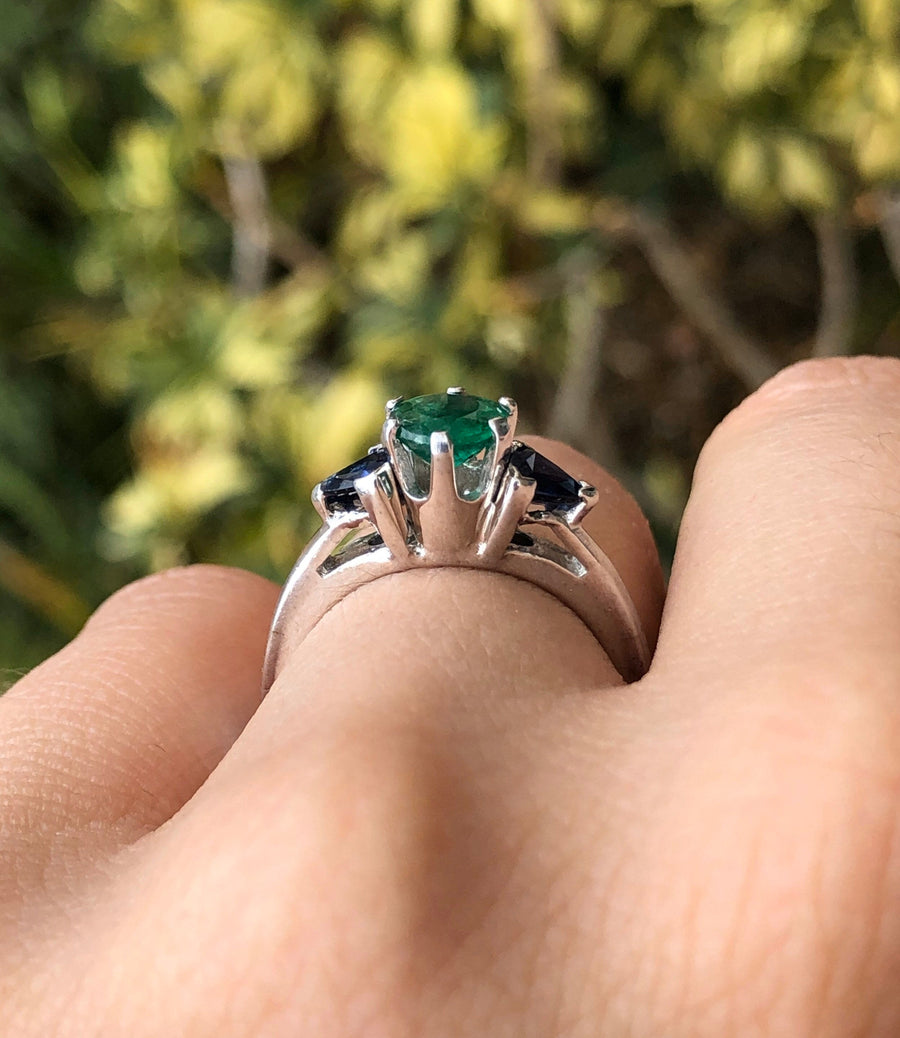 Exquisite Beauty: 1.30tcw Three Stone Emerald & Blue Sapphire Ring - Elegant 14K Setting