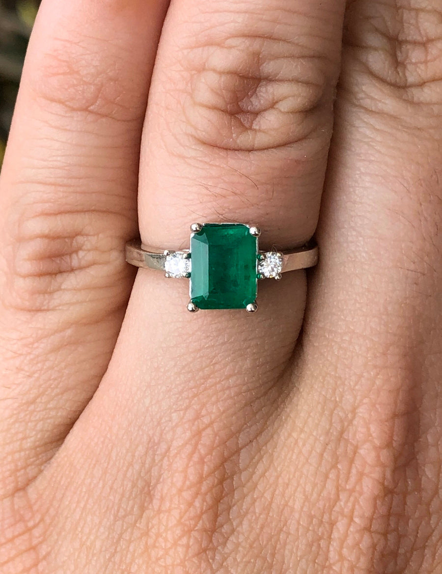 2.0tcw Three Stone Good quality Emerald & Diamond Ring 14K White Gold