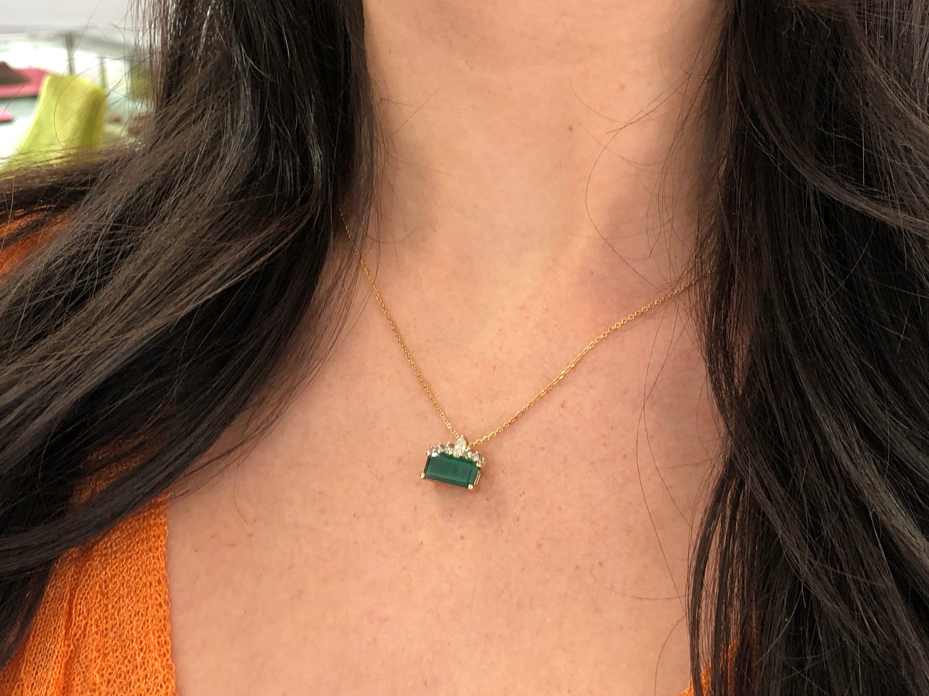 3.35tcw East to West Emerald & Diamond  Necklace 14K