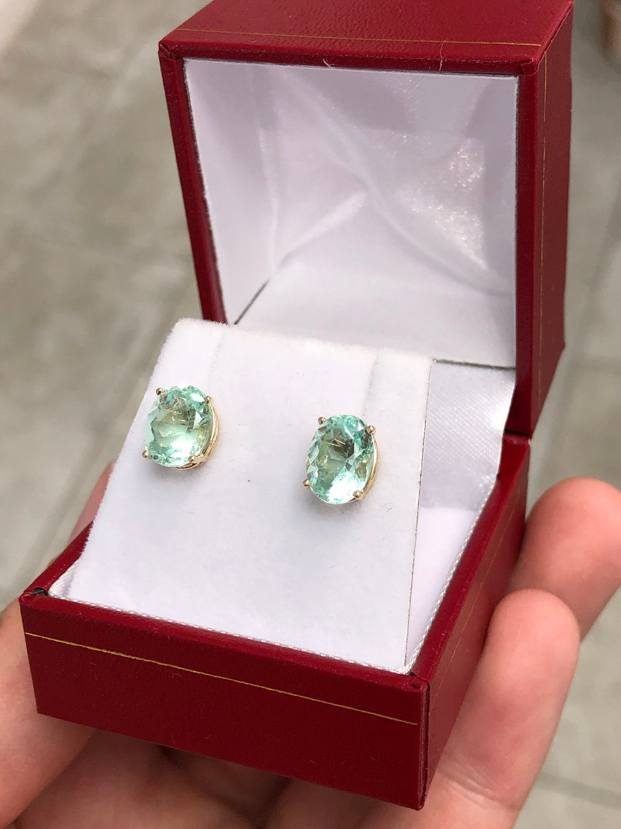 Green Emerald Oval Cut Stud Earrings May Birthstone 14K