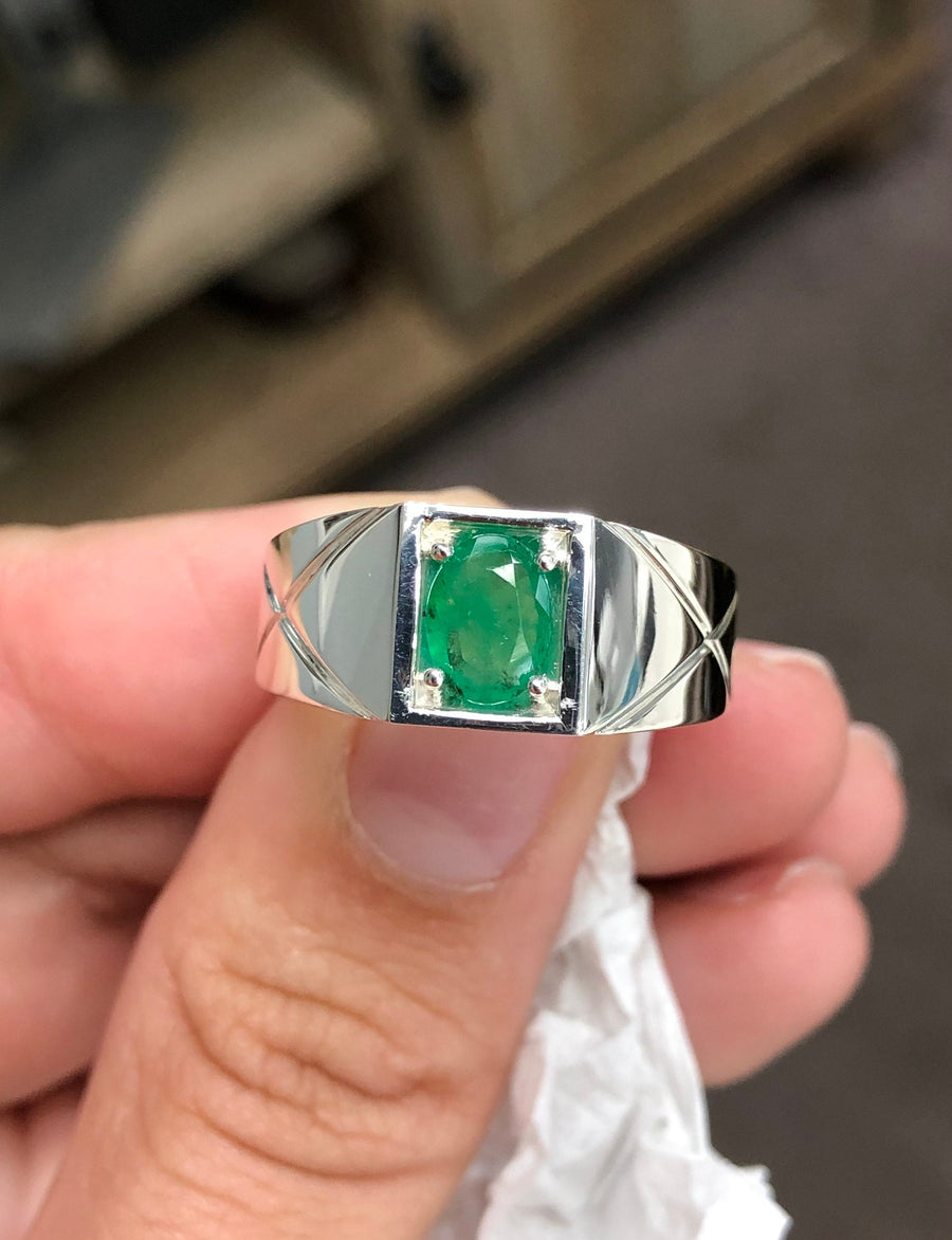 Men's Oval Natural Colombian Emerald Ring Silver 925
