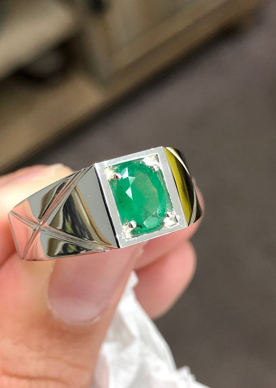 Men's Oval Natural Colombian Emerald Ring Silver
