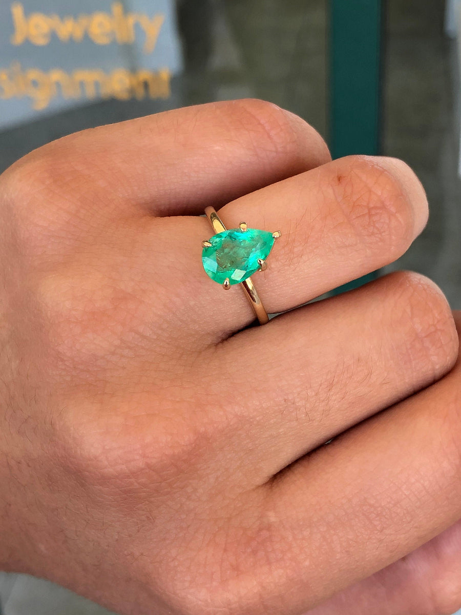 Prong Pear Emerald Solitaire Gold Ring