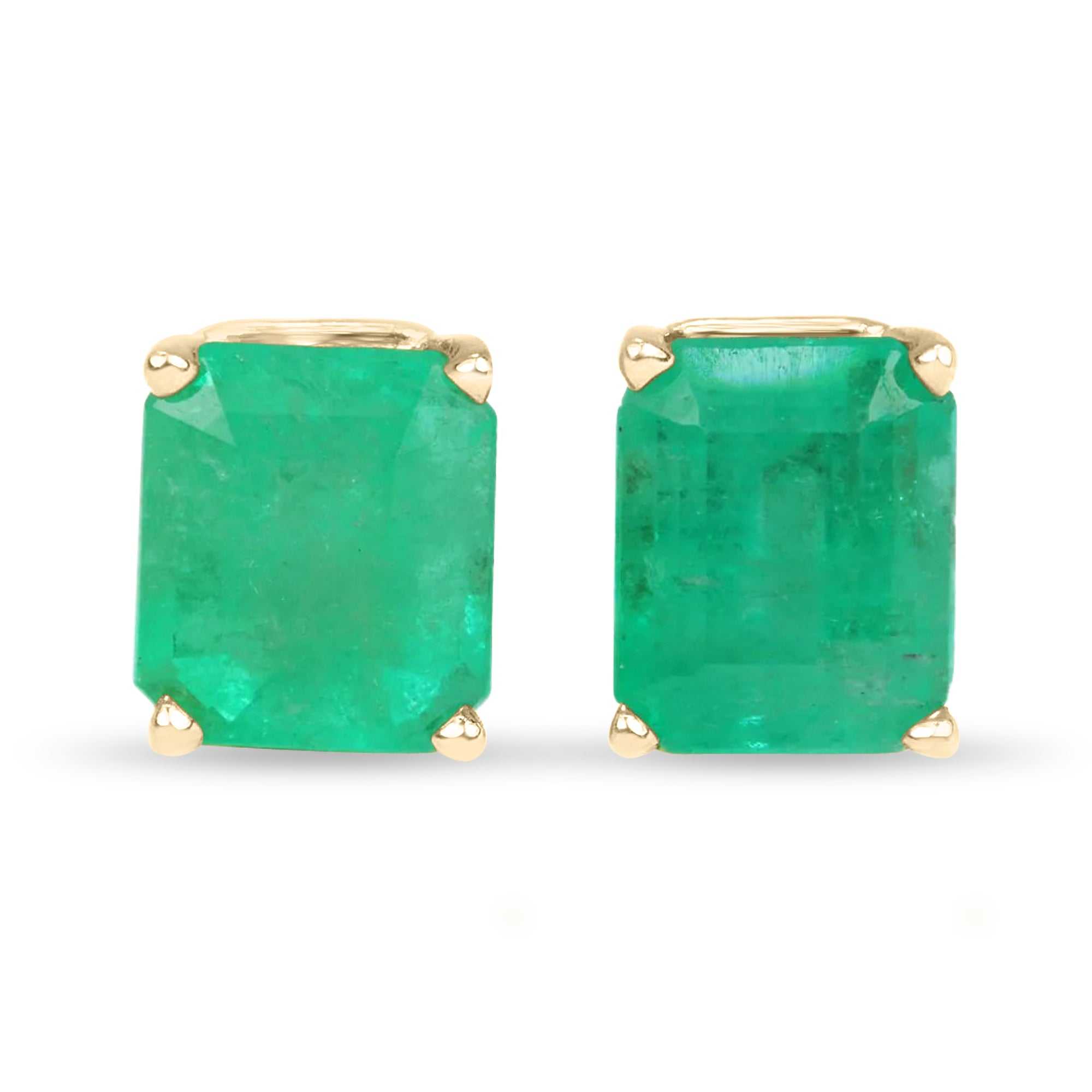 2.29tcw Emerald Cut Emerald Four Prong Studs Yellow Gold 14K - JR Colombian Emeralds