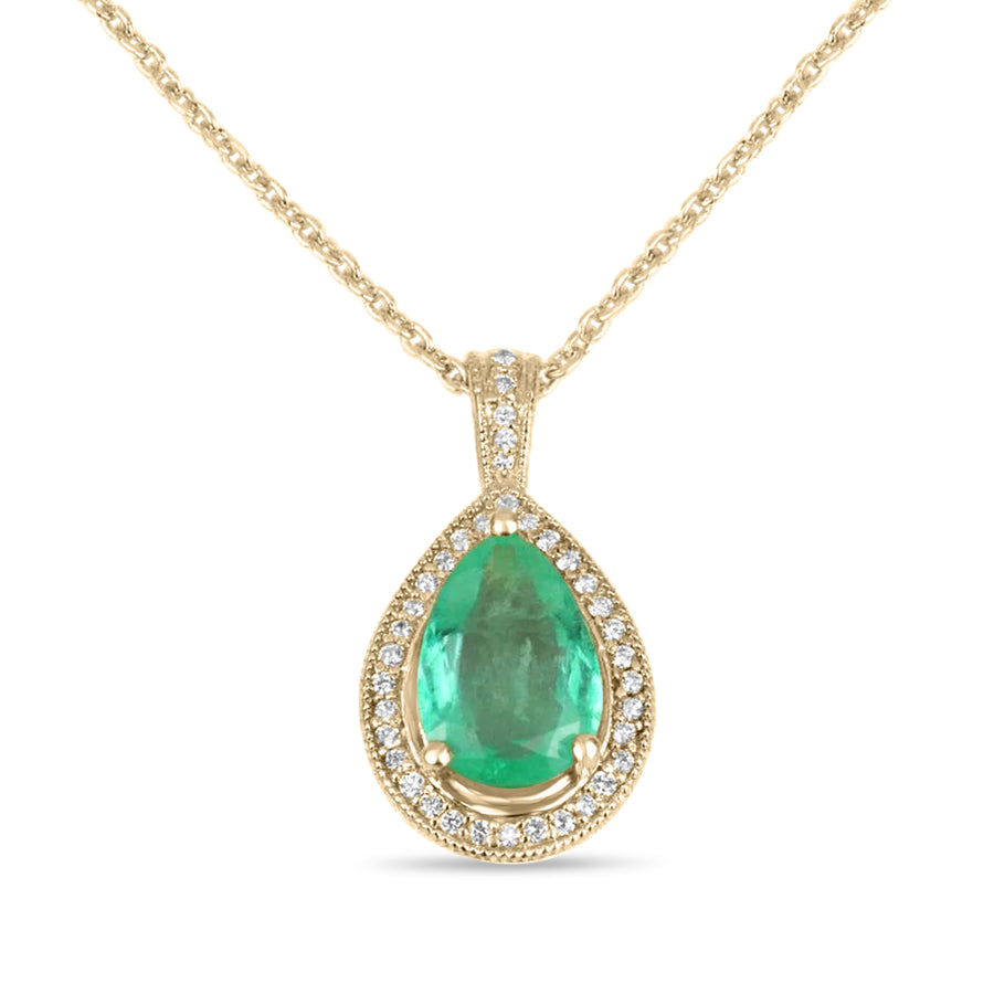 2.50tcw Pear Shape Tear Drop Emerald & Diamond Halo Necklace