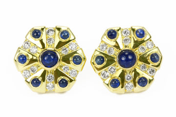3.30tcw Sapphire Cabochon & Diamond Disc Earrings 18K, Cab Sapphire Earrings, Sapphire Stud Earrings, Sapphire Diamond Studs, 18K Studs