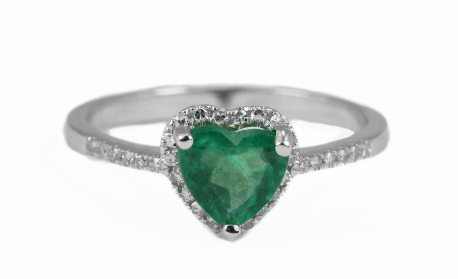 Heartfelt Elegance: 1.0tcw Heart Emerald & Diamond Halo Ring in 14K Gold