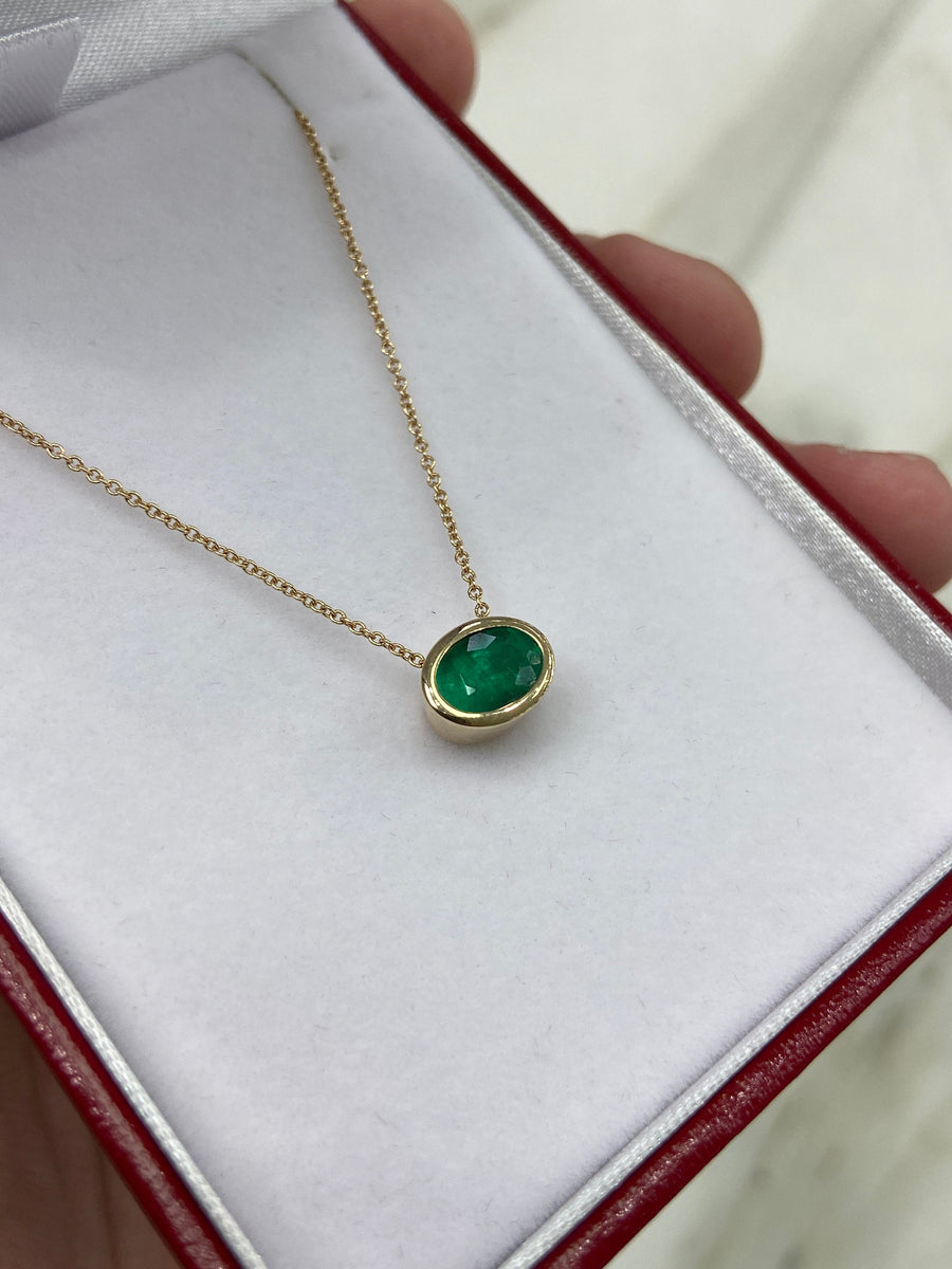 1.30 Carat Bezel Set Oval Emerald Necklace 14K