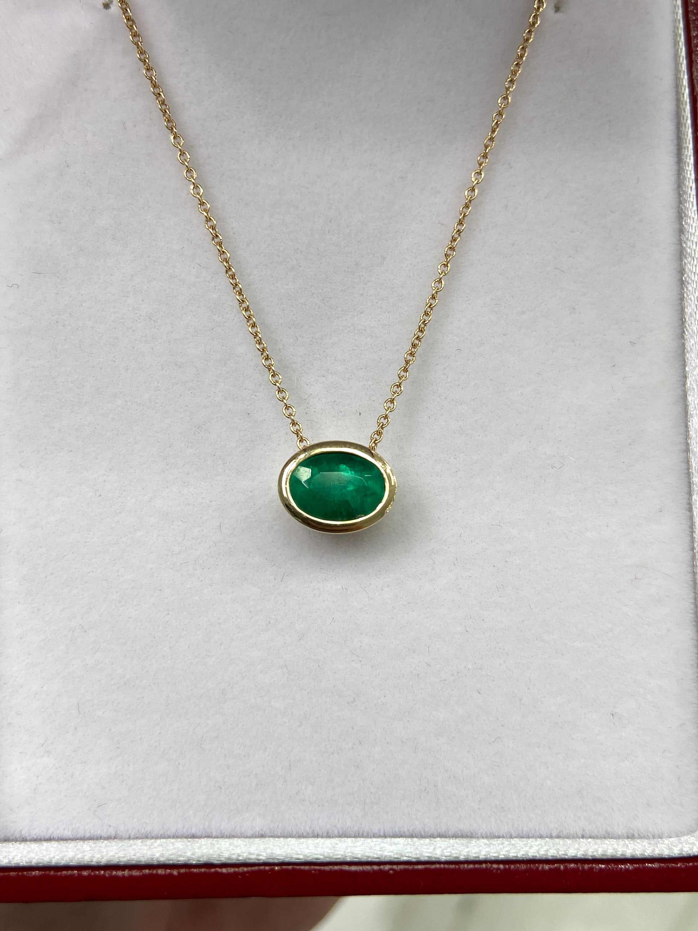 1.30 Carat Rich Green Bezel Set Oval Emerald Stationary Solitaire Slider Necklace 14K