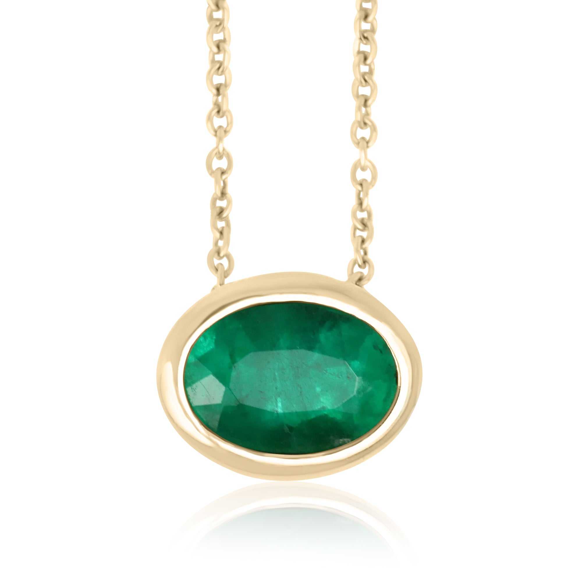 1.30 Carat Rich Green Bezel Set Oval Emerald Stationary Solitaire Slider Necklace 14K - JR Colombian Emeralds