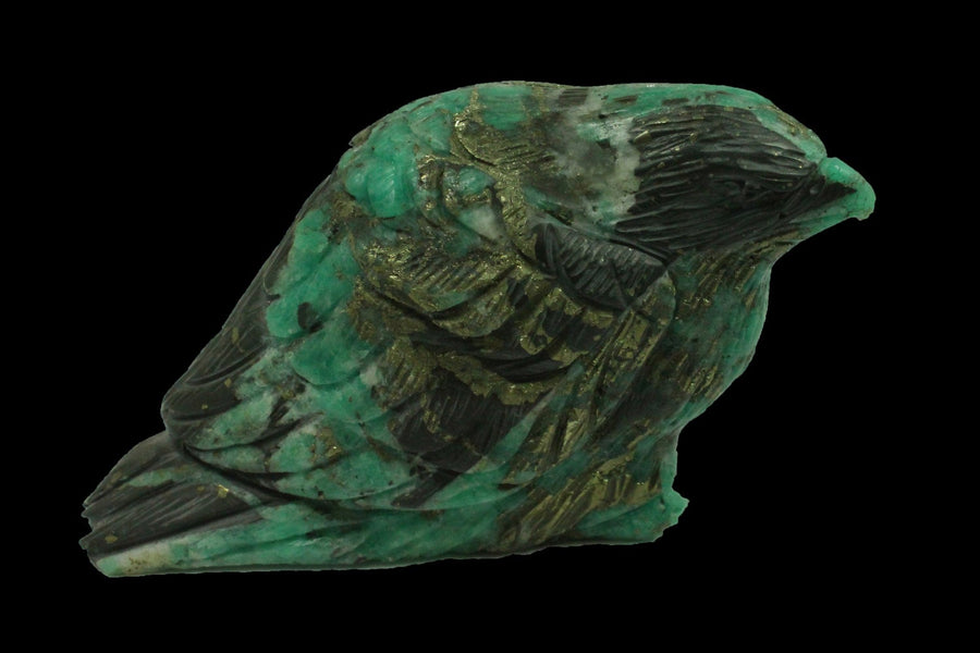 Matrix-Encased Handcrafted Colombian Emerald Sparrow Sculpture