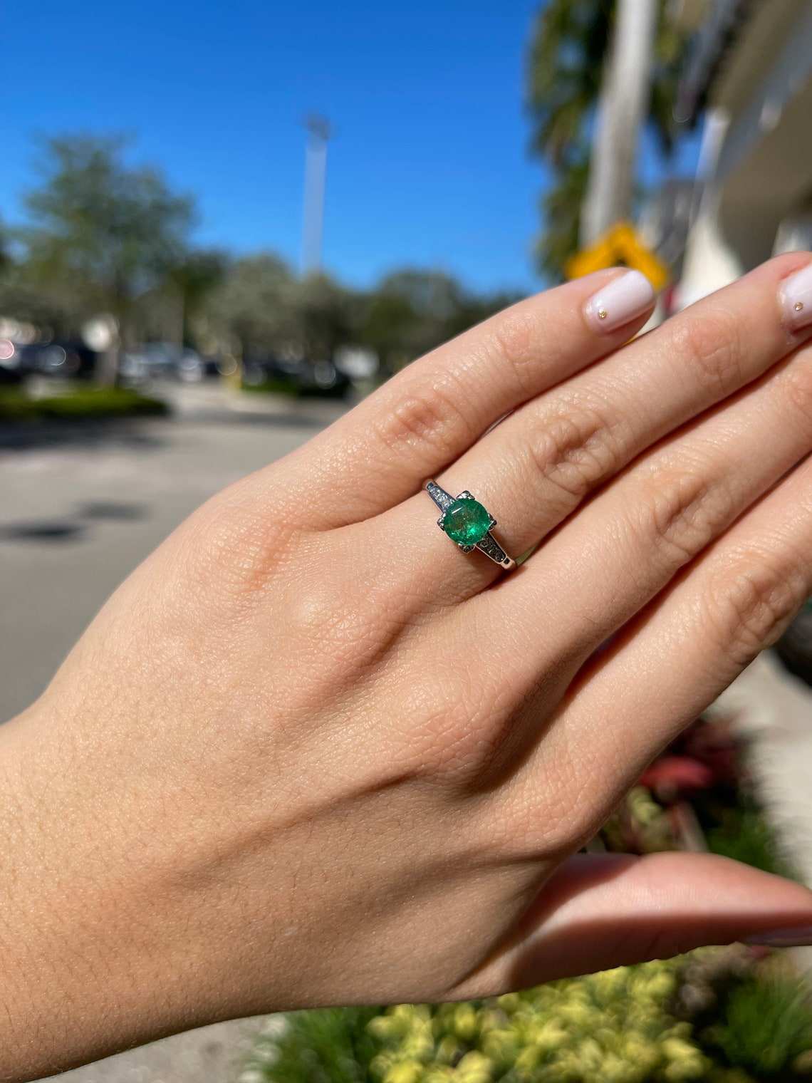 1.0tcw Dainty Dark Green Natural Emerald & Diamond Engagement Ring
