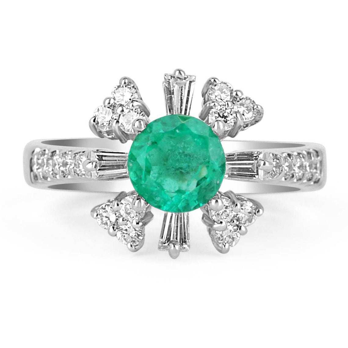 Colombian emerald and baguette diamond cocktail ring by JR Colombian Emeralds, 18K gold, featuring 1.50tcw gemstones.