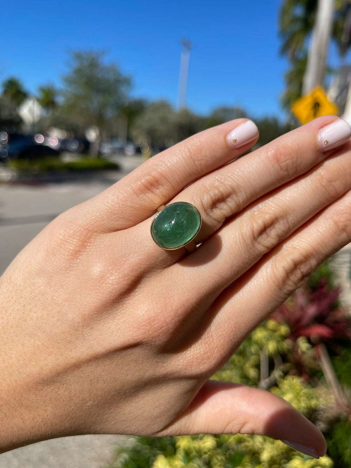 Big 16.37ct Green Real Cabochon Emerald Solitaire Bezel Ring 14K gift for her