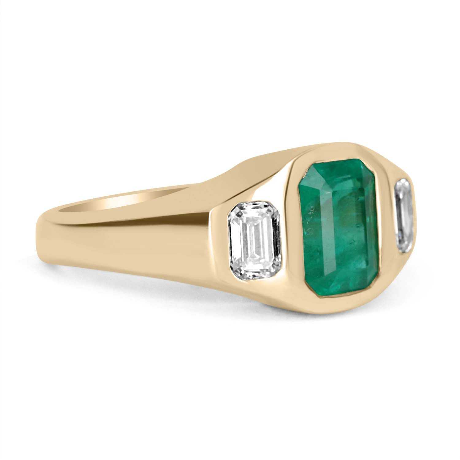 2.68tcw vertical Three Stone Emerald & Emerald Cut Diamond Gypsy Ring 18K