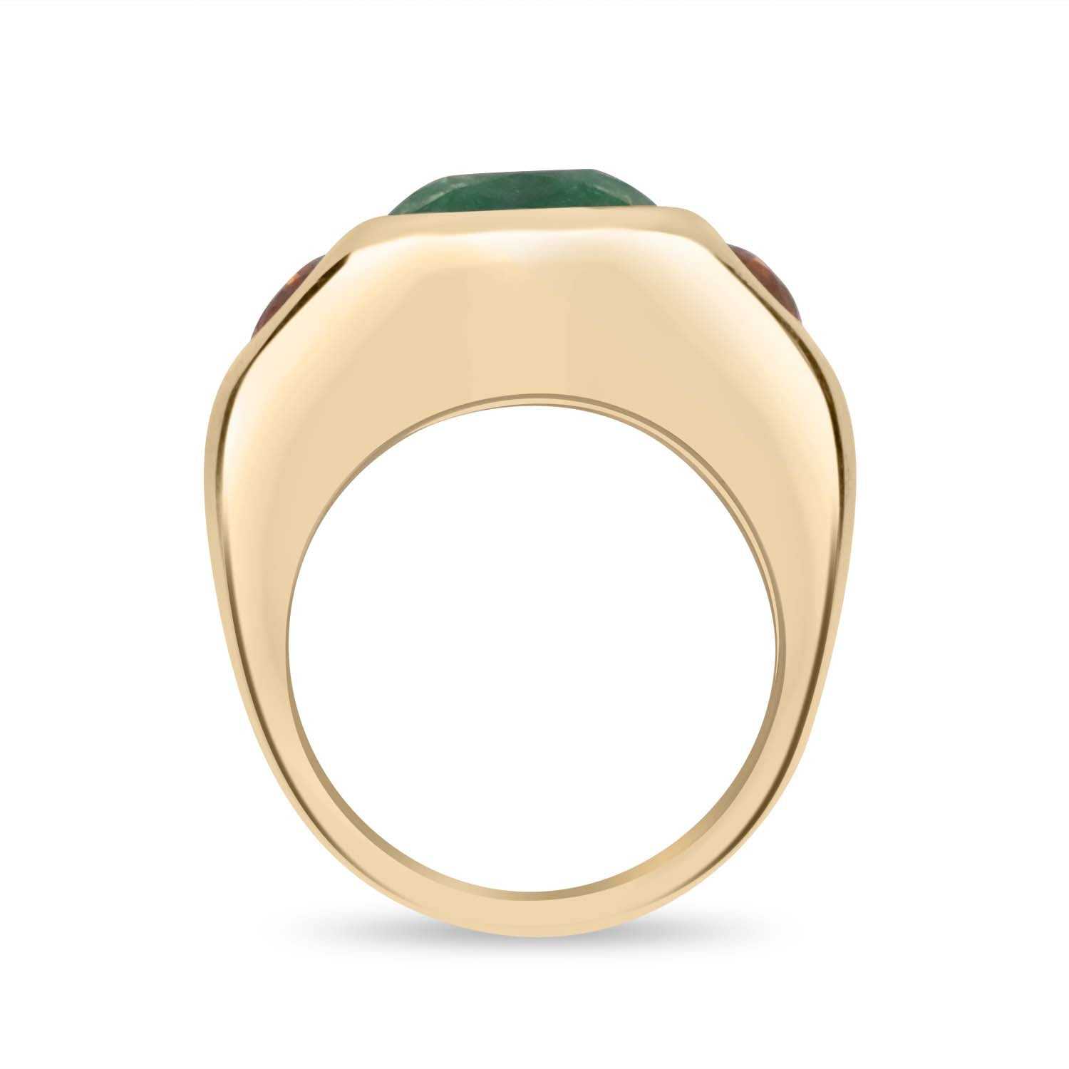 7 carat three stone natural cushion cut emerald and oval sapphire signet gold ring FOR HER IN 14k