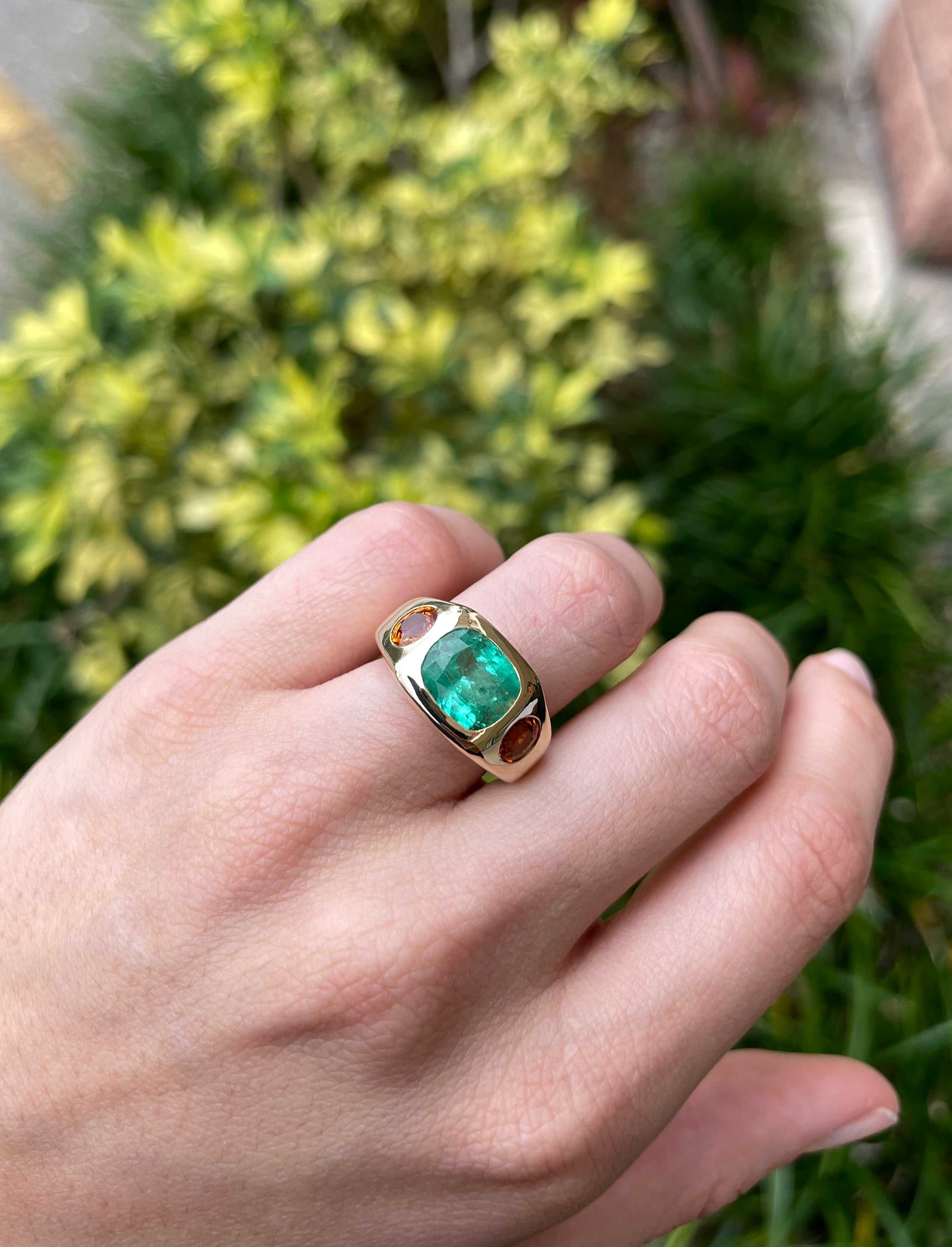 7 carat 3 stone geniune cushion cut emerald and oval sapphire GYPSY gold ring on hand 14k