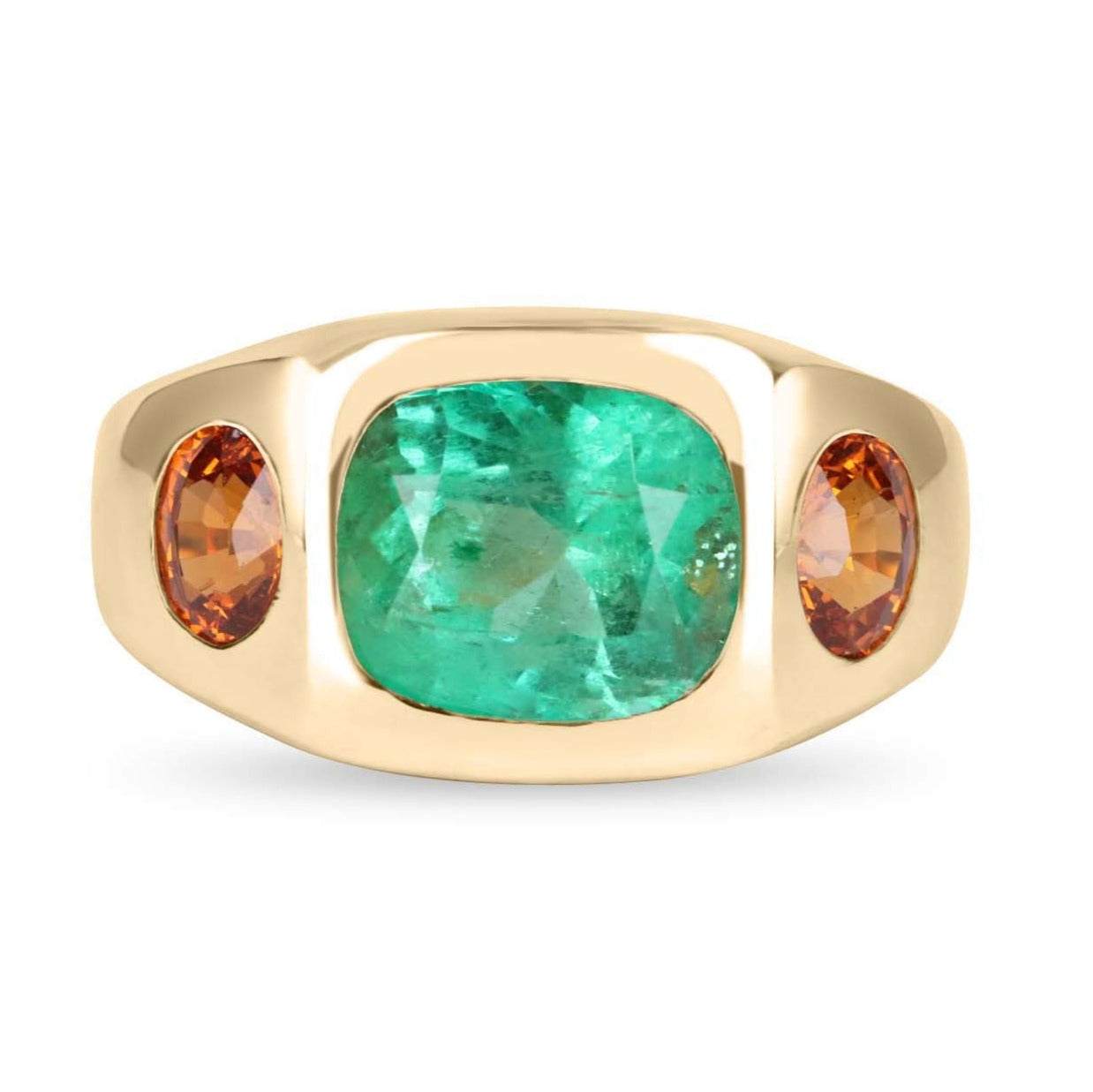 14K Three Stone Ring with large cushion cut Colombian emerald and two oval orange sapphires in yellow gold bezel setting