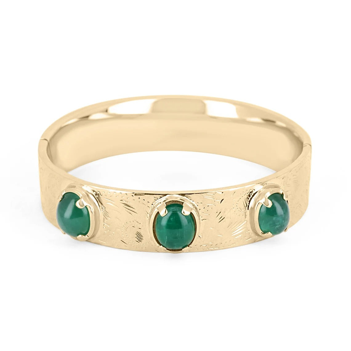 14.82tcw 14K Natural Cabochon Emerald Three Stone Gold Bangle Bracelet - JR Colombian Emeralds