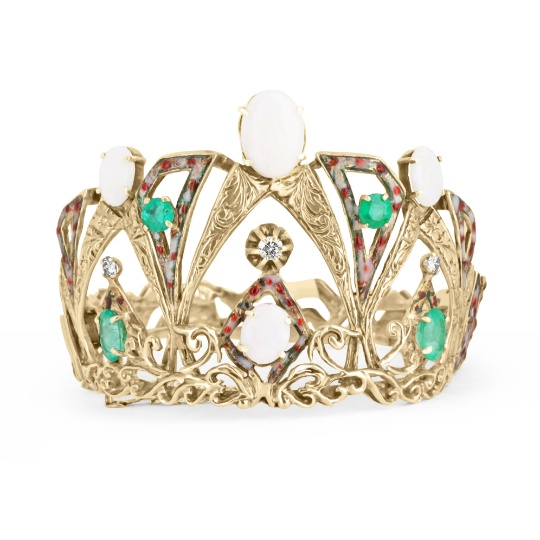 15.90tcw Vintage Crown Opal, Emerald & Diamond Large Cuff Bracelet