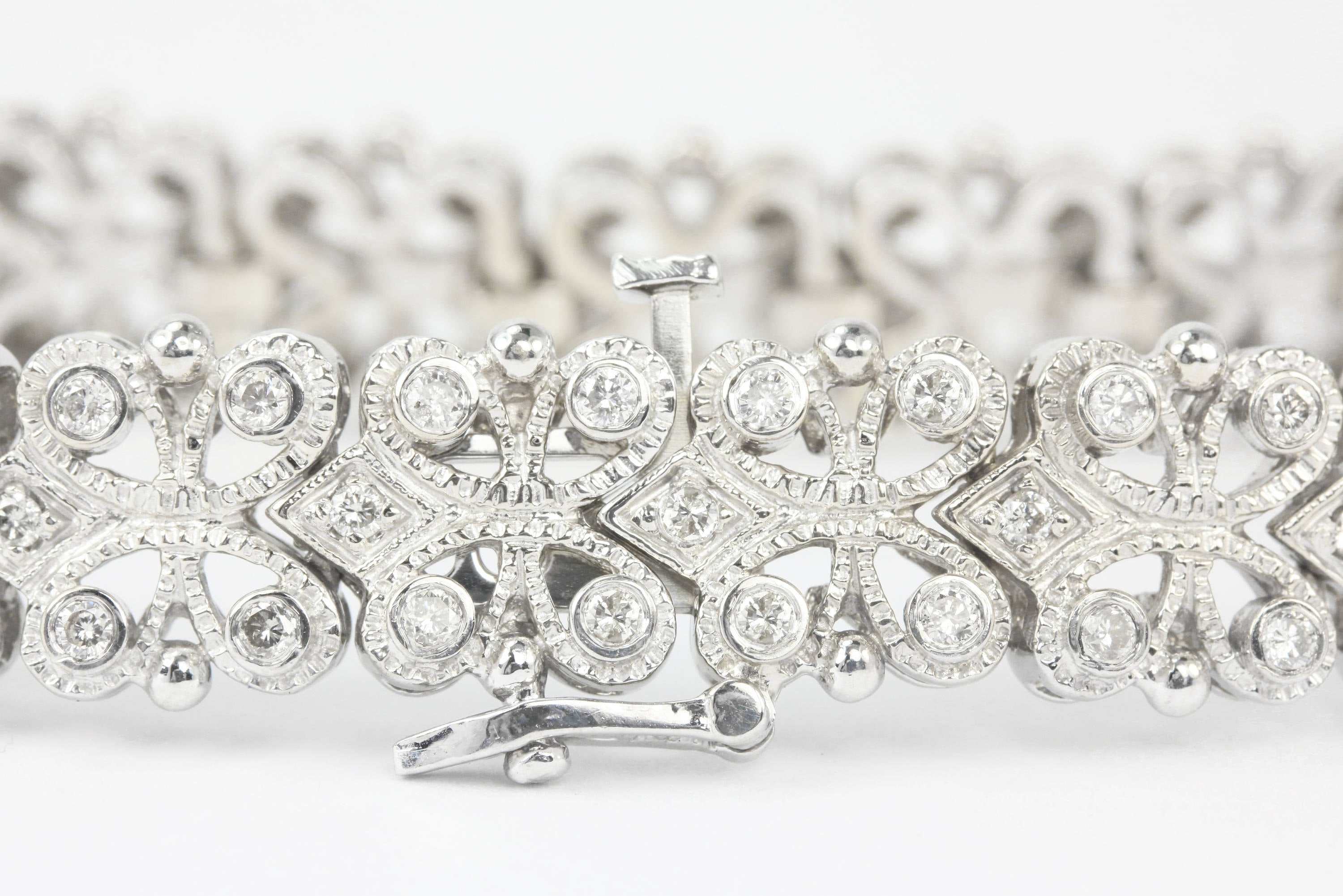 2.0tcw Wide Floral Diamond Tennis Bracelet Art Deco White Gold 14K
