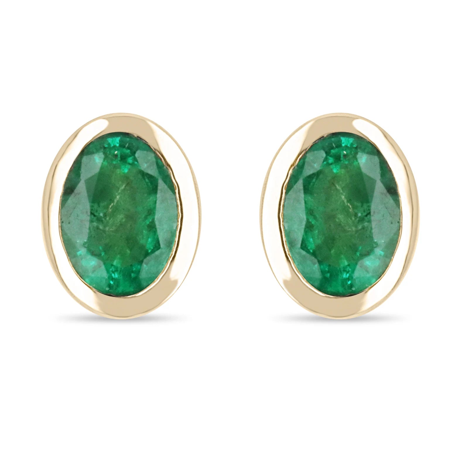 14K gold stud earrings with 1.87 carats of oval cut natural emeralds in bezel settings by JR Colombian Emeralds.