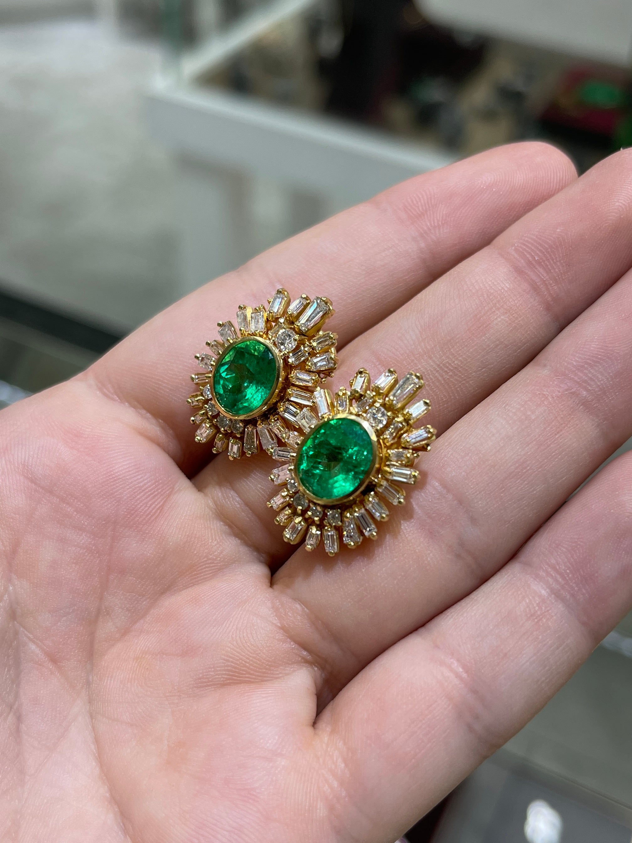 JR Colombian Emeralds 12.20ctw AAA+ oval Colombian emerald and diamond statement earrings featuring elegant gemstone design.
