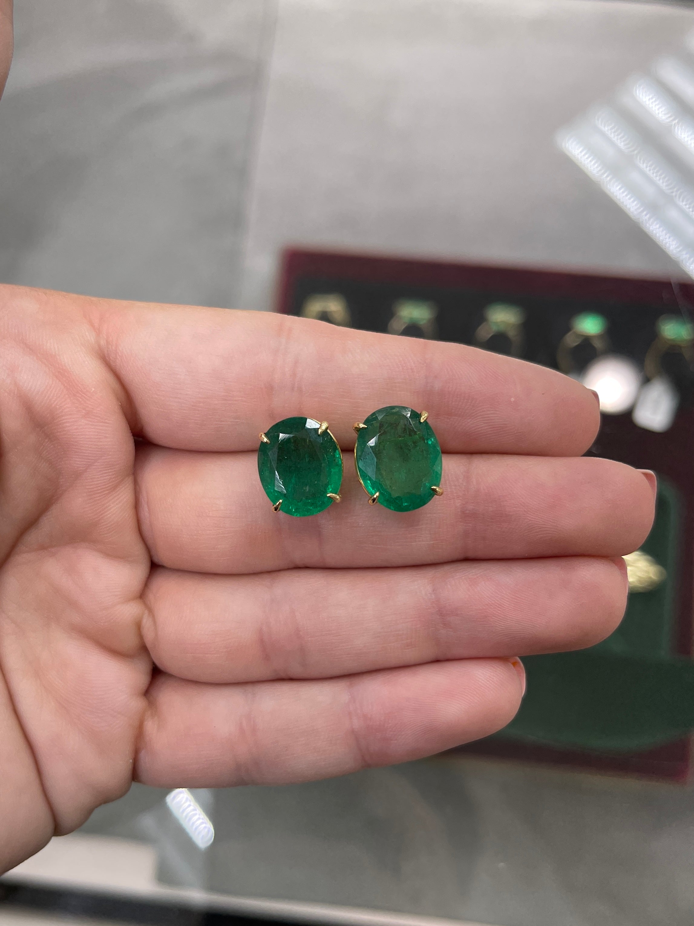 Large dark green Zambian oval stud earrings with AAA quality gemstones in 18K gold setting by JR Colombian Emeralds.