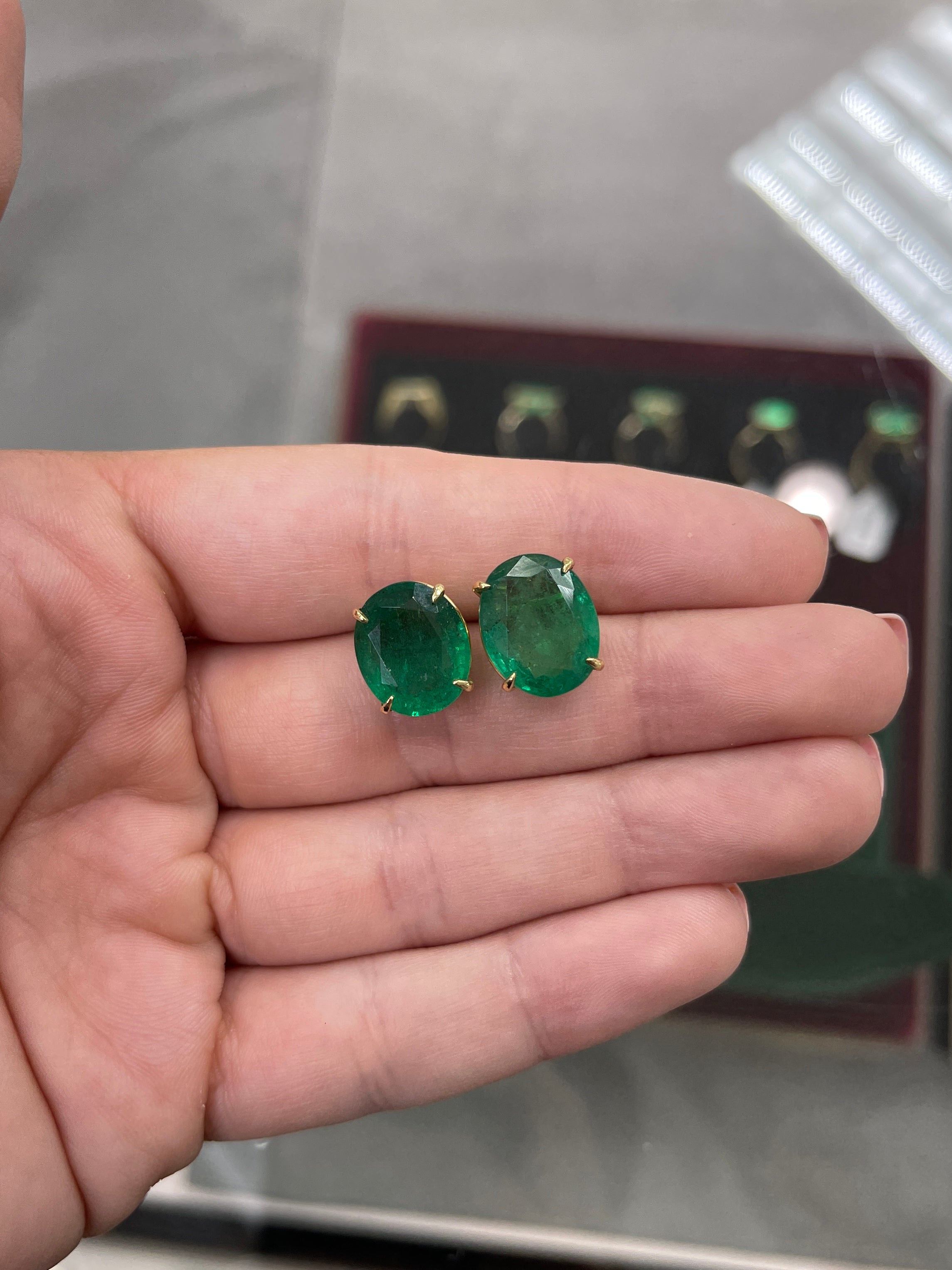 Large dark green Zambian oval stud earrings with 13.61tcw AAA quality gemstones in 18K setting by JR Colombian Emeralds.