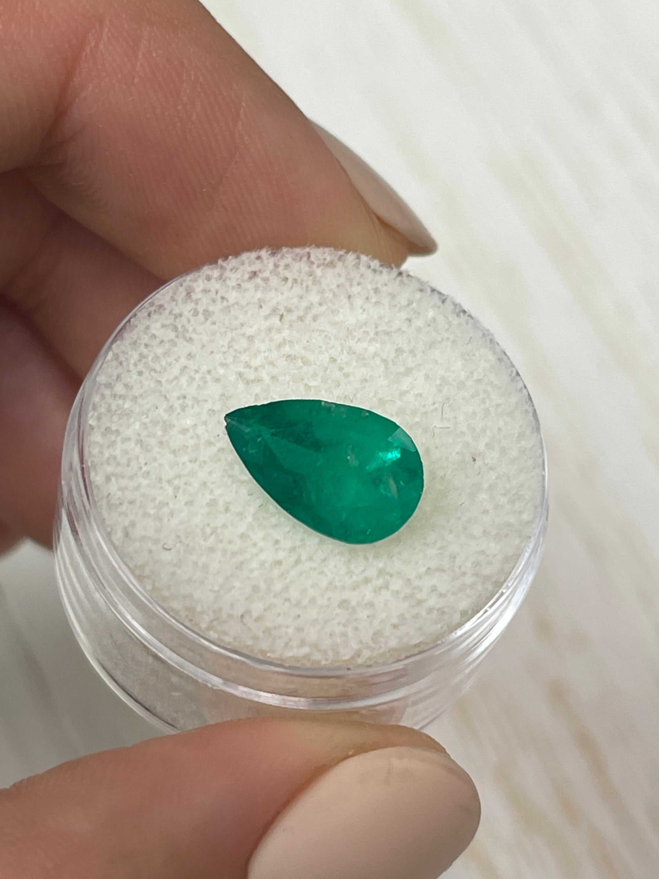 2.34 carat intense green natural Colombian emerald in pear cut, loose gemstone from JR Colombian Emeralds.
