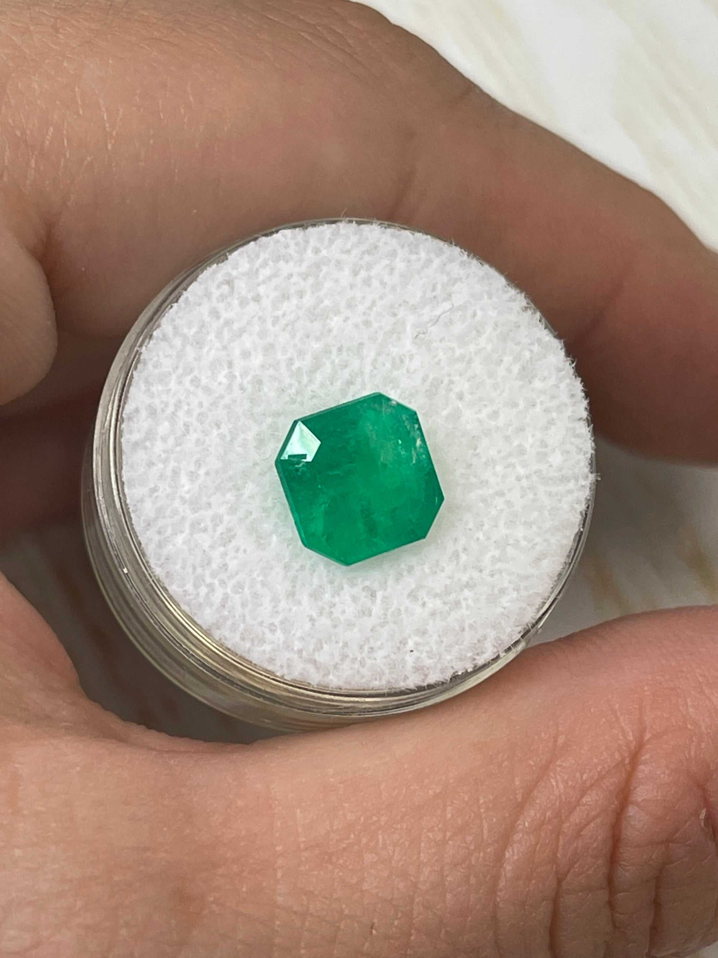 Vibrant 2.82 carat natural Colombian emerald loose gemstone in an 8.6x8.6mm Asscher cut, from JR Colombian Emeralds.