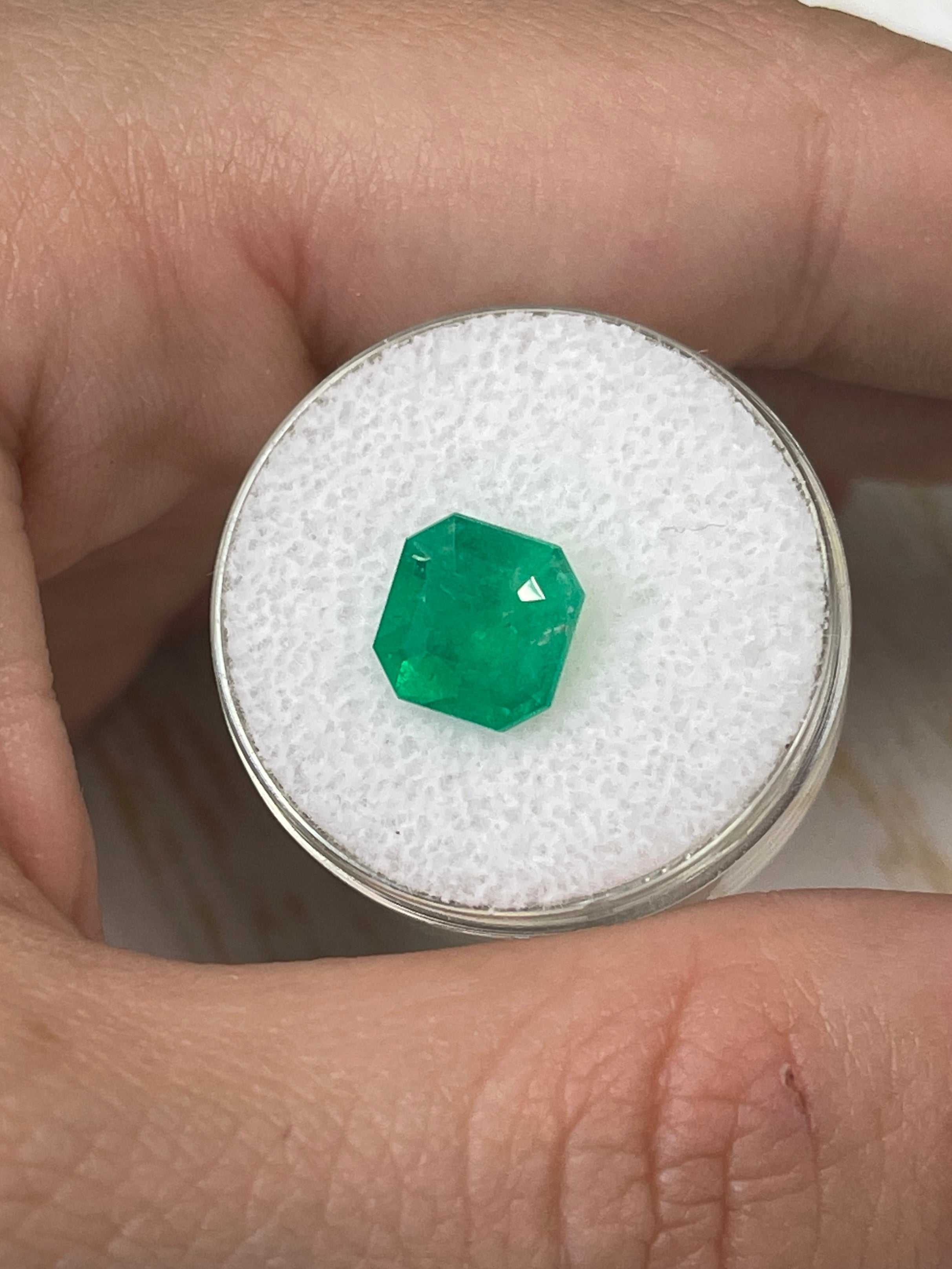 Vibrant 2.82 carat natural loose Colombian emerald Asscher cut with 8.6x8.6mm dimensions, from JR Colombian Emeralds.