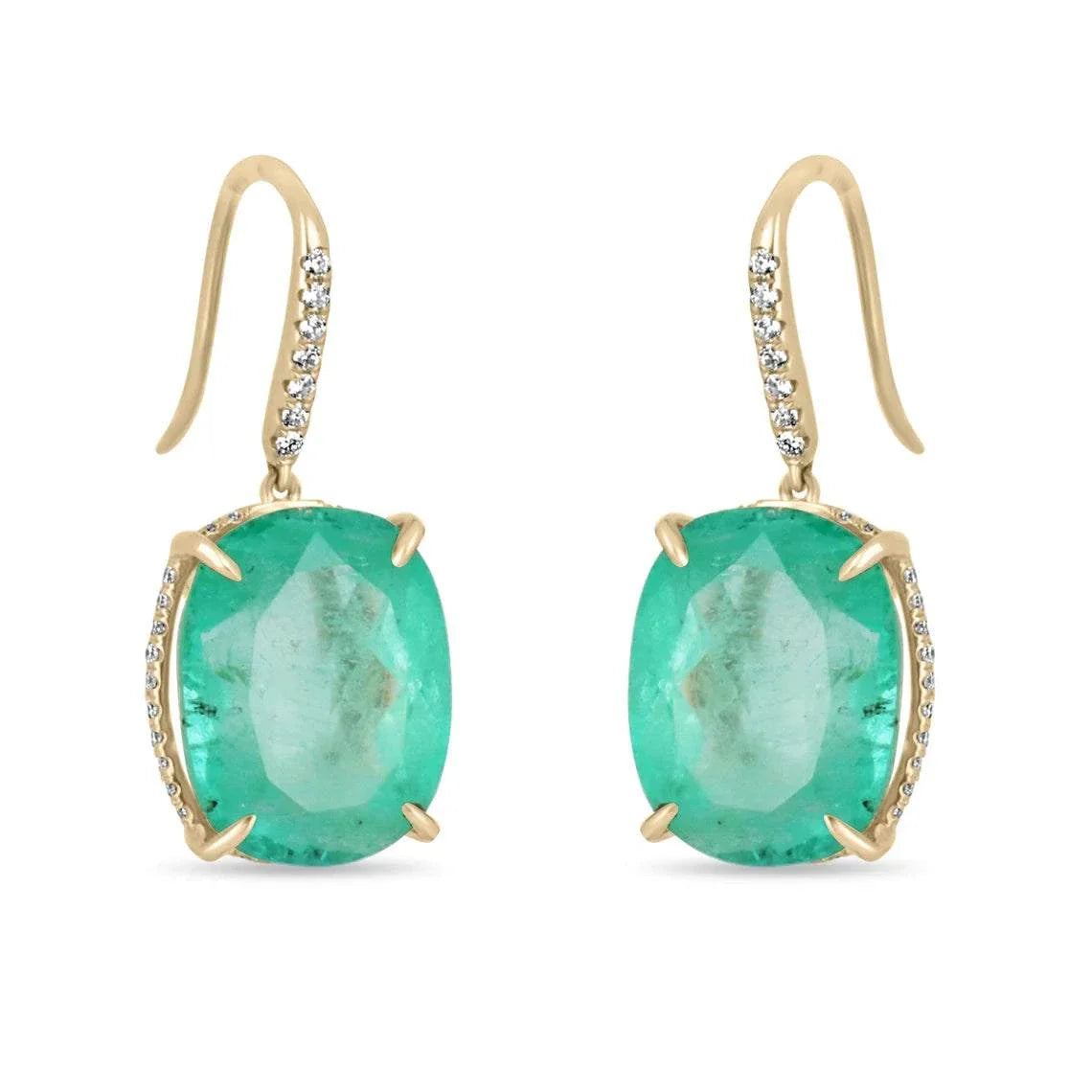 Large cushion cut Colombian emerald and diamond dangle earrings in 18K gold featuring 25.70tcw, from JR Colombian Emeralds.