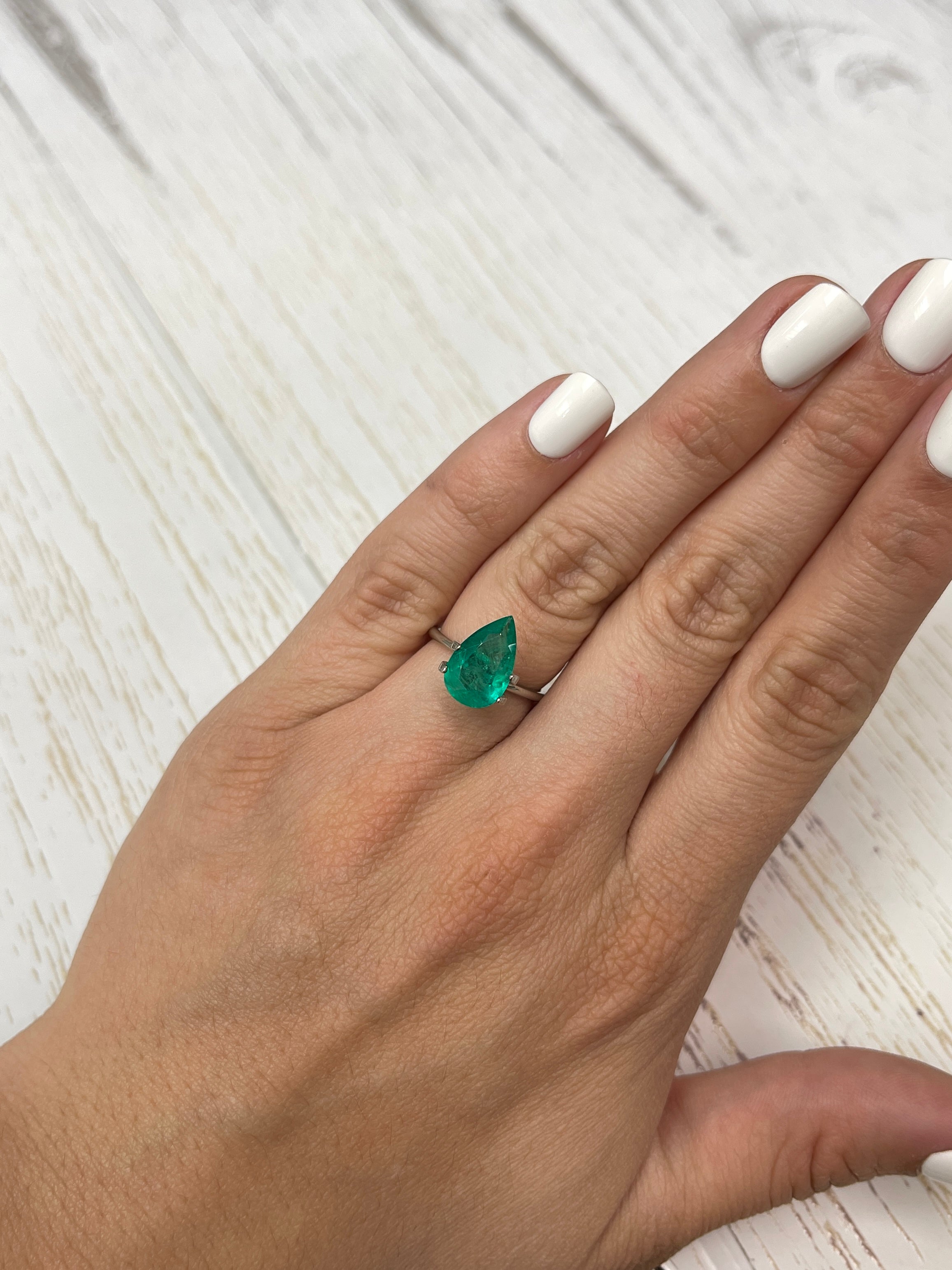 Natural 3.46 carat grass green Colombian emerald in pear cut, loose gemstone from JR Colombian Emeralds.