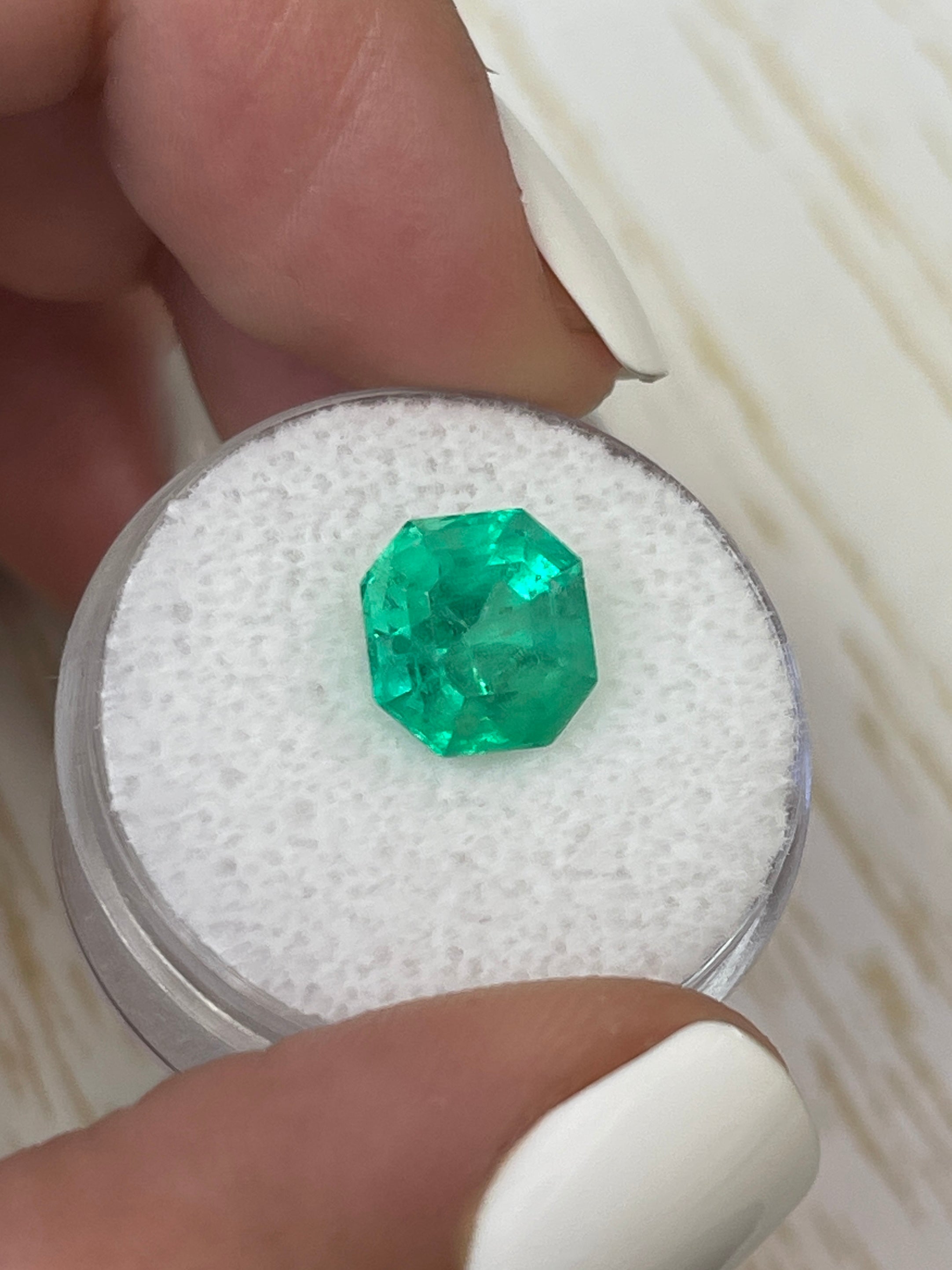 Luminous 3.68 Carat natural Colombian emerald loose Asscher cut with clipped corners, from JR Colombian Emeralds.