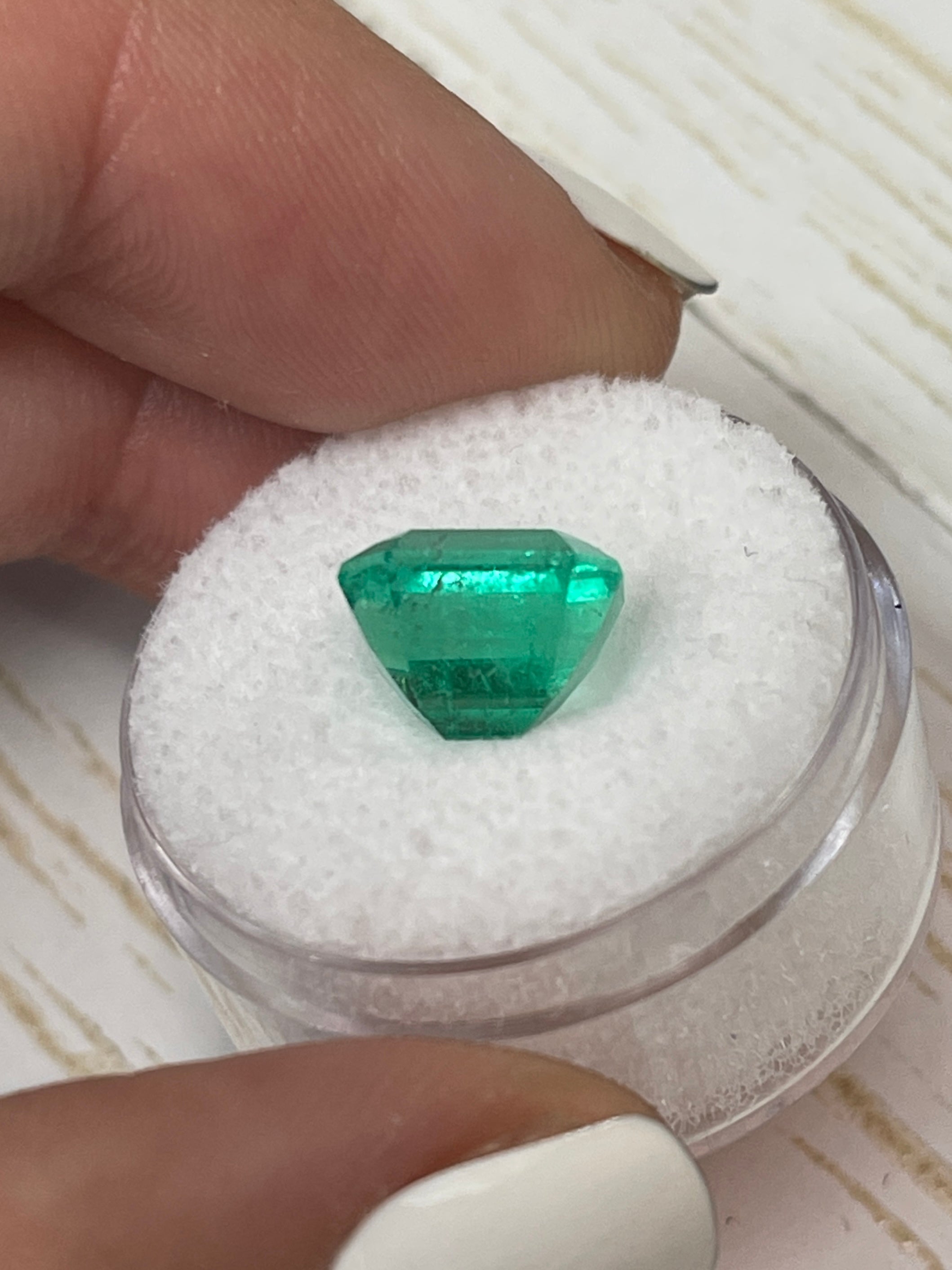 Vivid green 4.26 carat natural Colombian emerald loose gemstone in an emerald cut, from JR Colombian Emeralds.