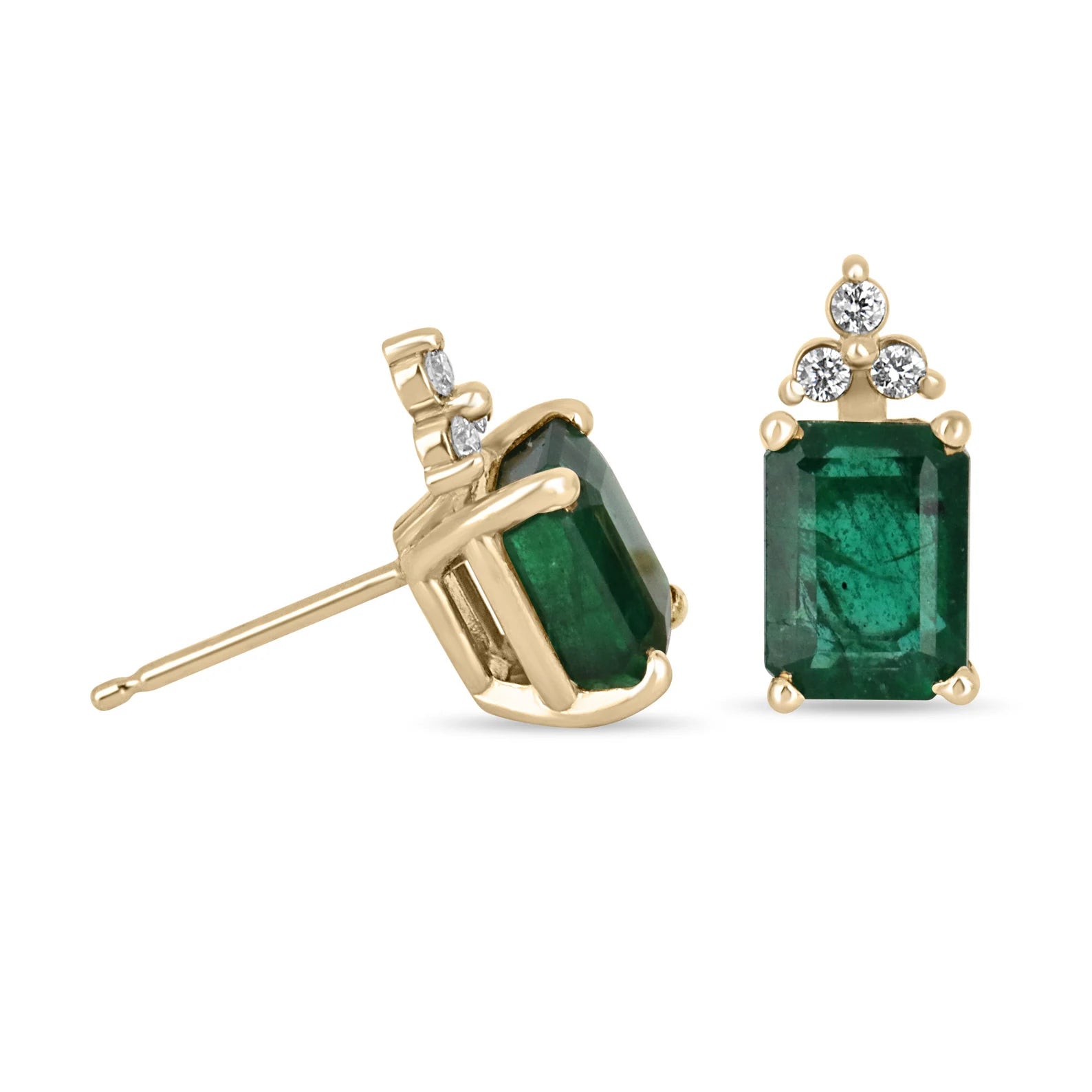 14K gold stud earrings featuring rich green emeralds and diamond accents, showcasing elegant jewelry design.