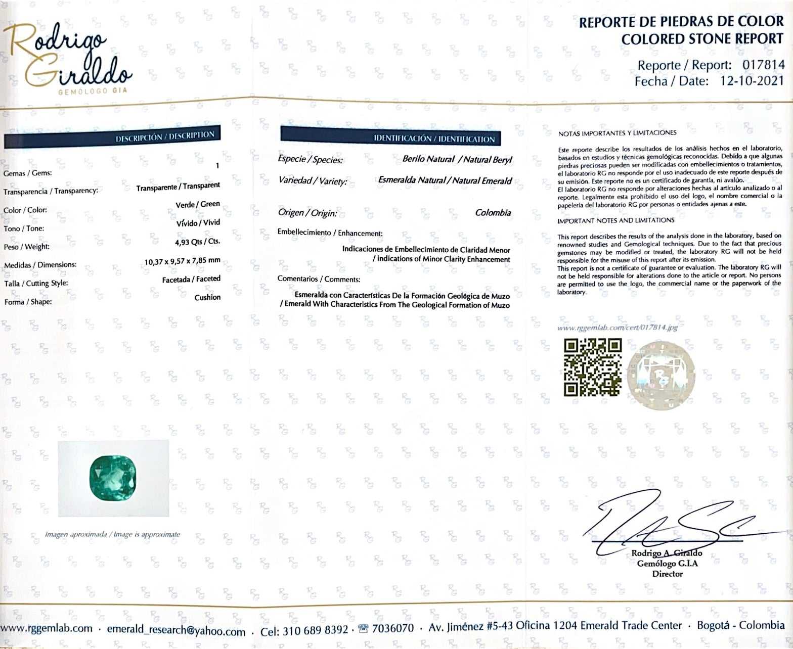 4.93 Carat Minor Oil 10.5 x 9.5 Vivid Bluish Natural Loose Colombian Emerald-Cushion Cut